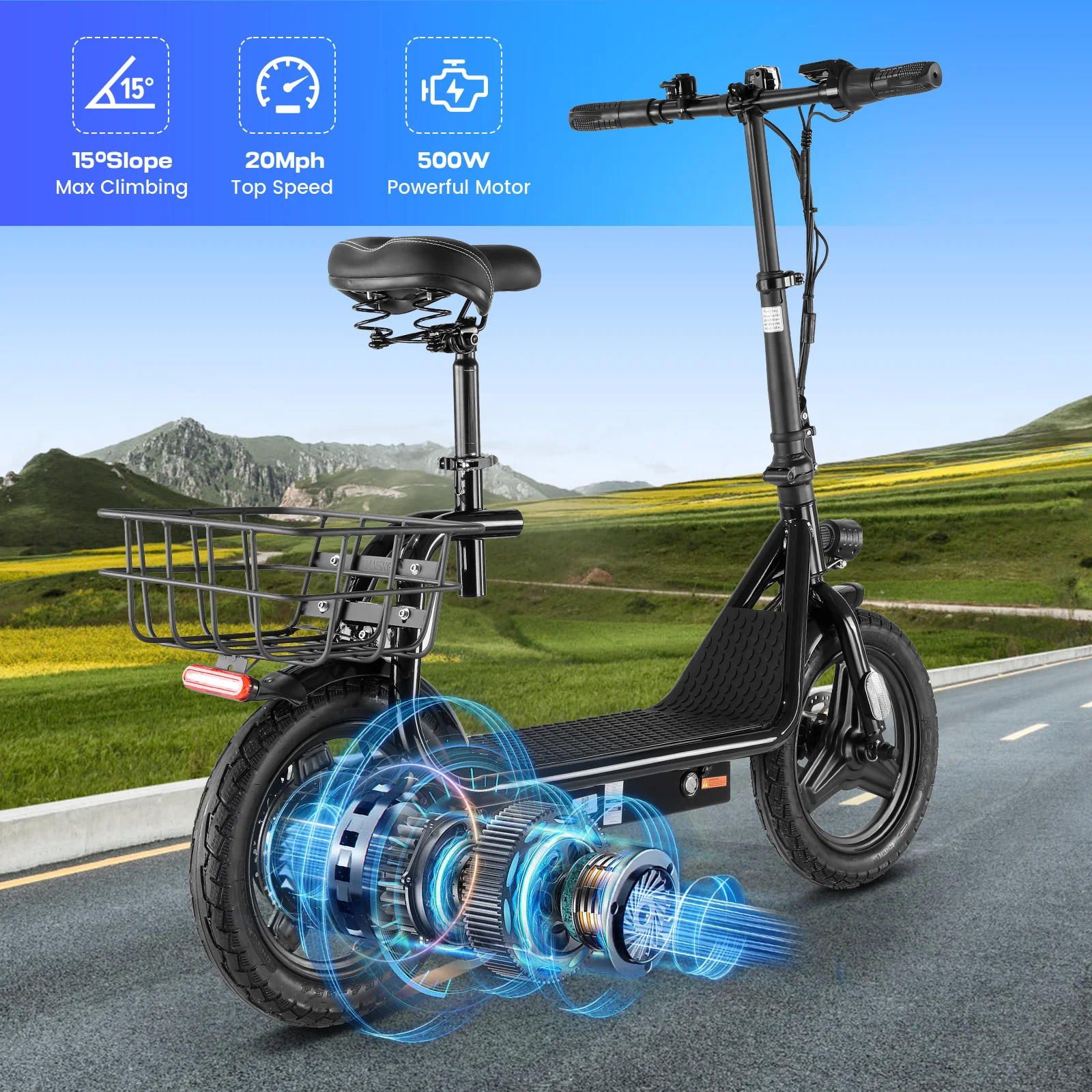 

Электрический скутер 500 Вт с пиком сиденья, 750 Вт, 375 Втч, 7800 мАч, аккумулятор, диапазон 25 ми, 20 миль в час, 14 дюймов, шиновой амортизатор, двойной дисковый тормоз