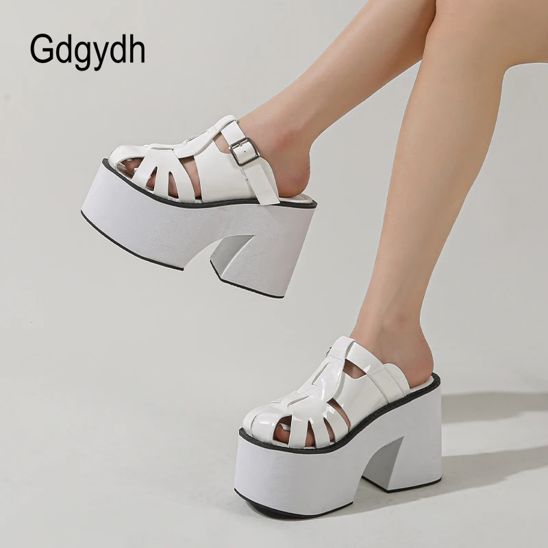 Gdgydh Women Platform Sandals Closed Toe Buckle Decor Solid Color Slip On Chunky Heels Mules Outdoor Non Slip Breathable