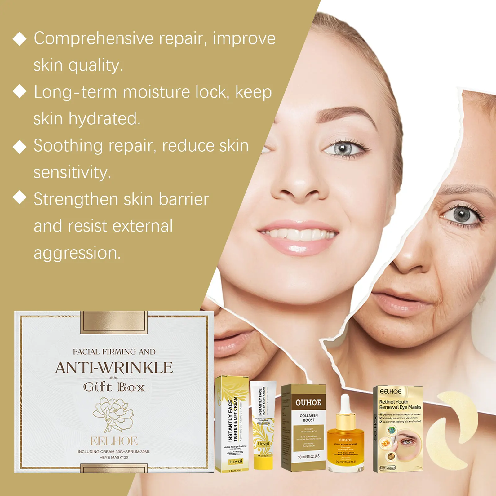 

Eelhoe 1set Anti Wrinkle Face Skincare Set Firming Facial Reduce Puffiness Forehead Fine Line Lifting Smooth Hydrating Care Set