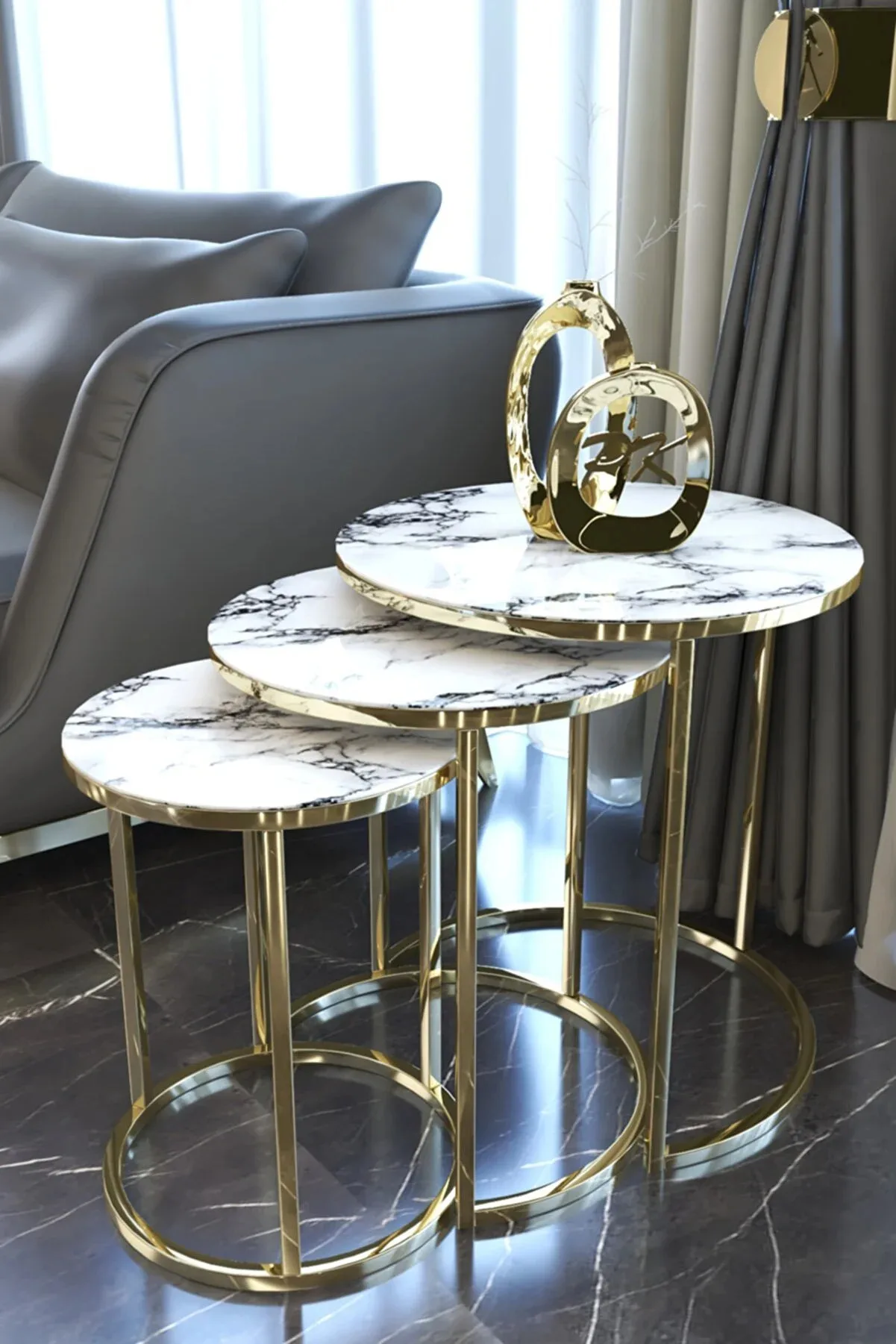 Gold Metal Zigon Coffee Table Unbreakable Marble Pattern 3 PCs Nordic Side Coffee Table Tea Coffee Service Table Round Living Ro