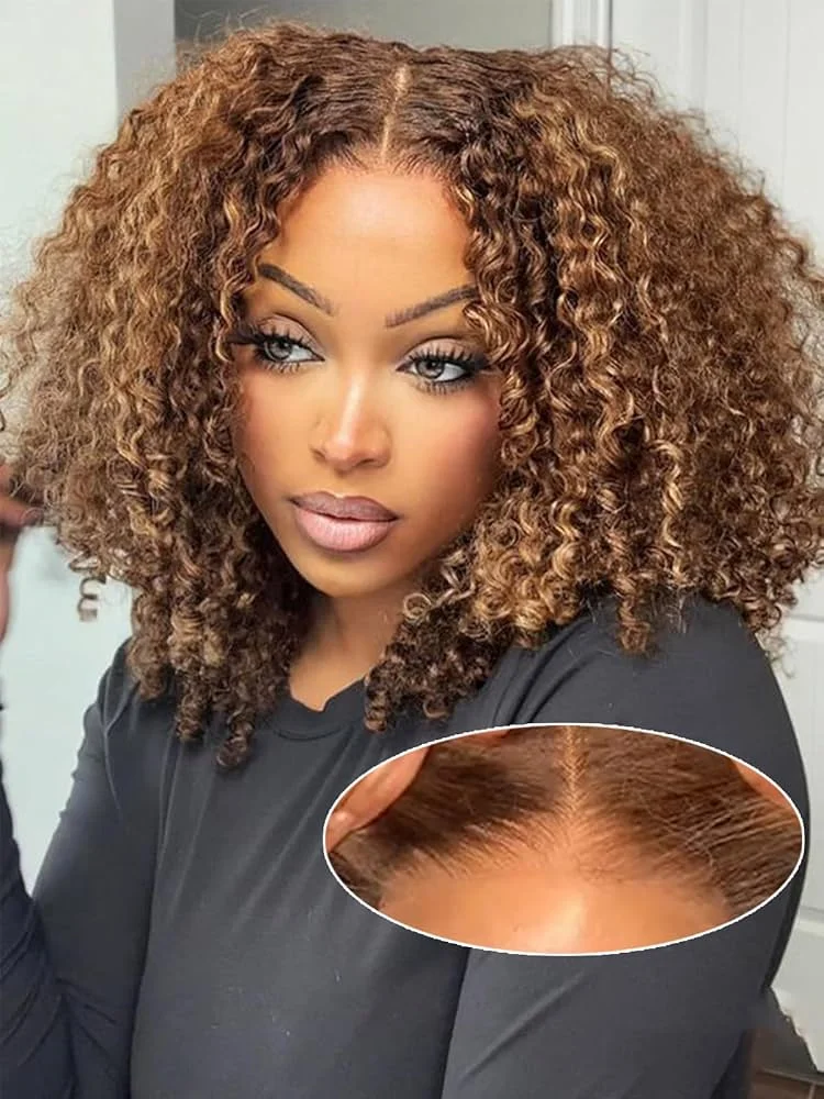

4/27 Highlight 250% Deep Curly Short Bob Wig Human Hair Ombre Brown Deep Wave 13x4 Lace Front Wig Curly Human Hair Wig For Women