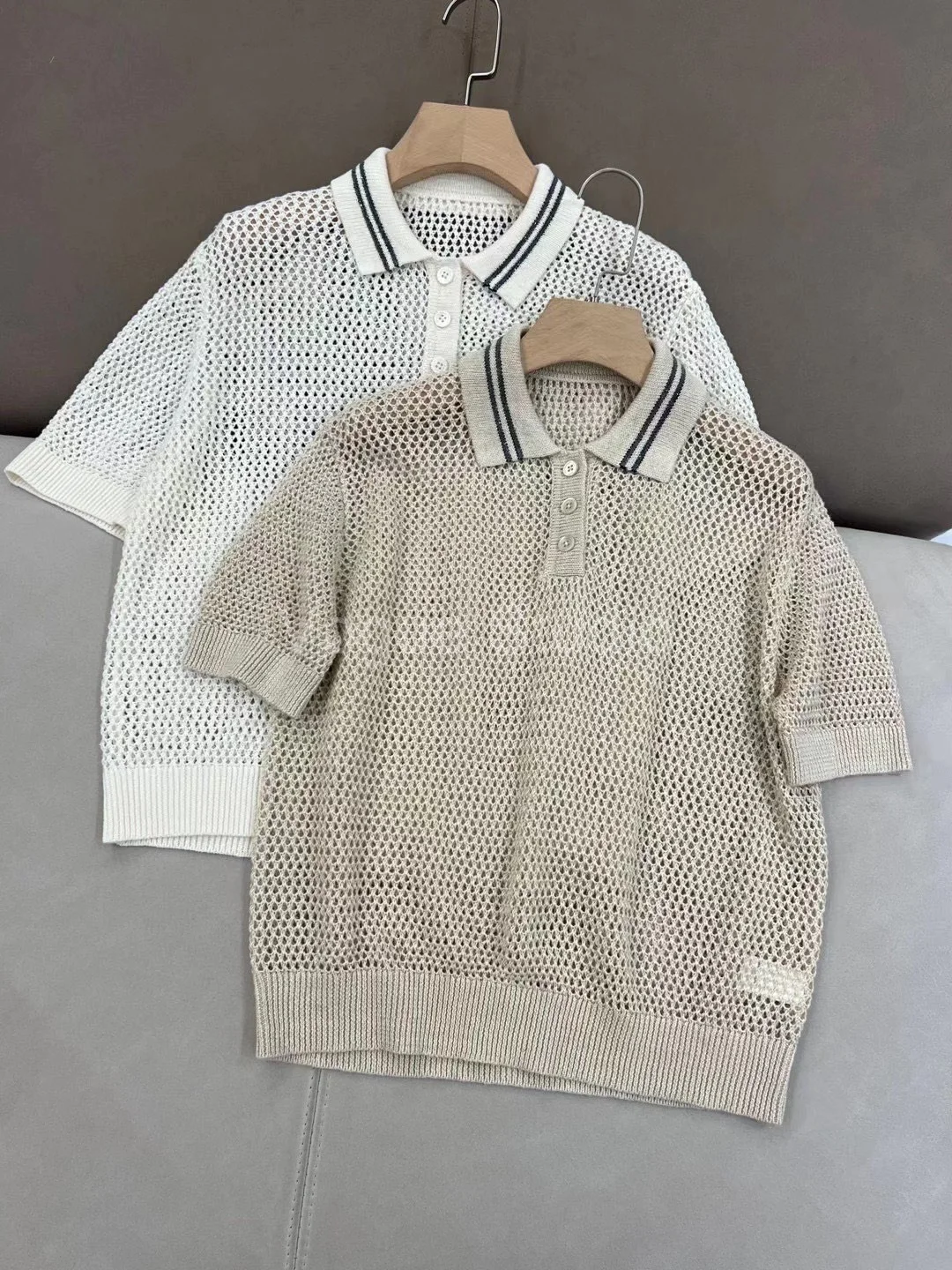 2023 Summer Collection Casual Linen Knitted Beaded Two Piece Polo Collar Set