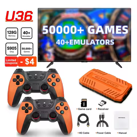 U36 Wireless Game Stick Retro Gaming Console S905 128G 50,000+ Games Support 40+ Classic Emulators For PS1 4K HDMI Kid Gifts