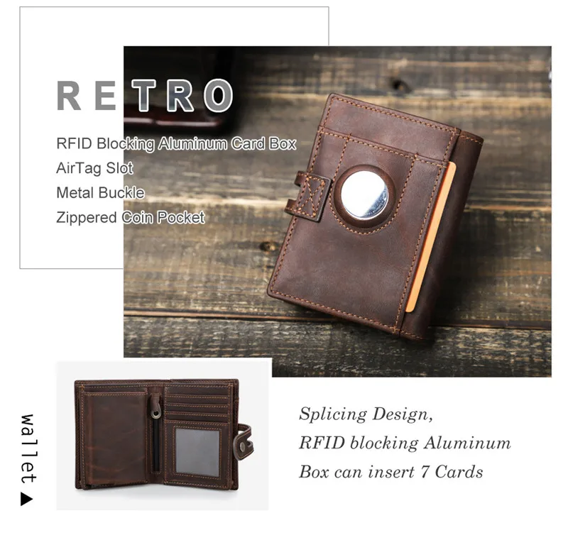 Vintage Luxus Echtes Leder Airtags Brieftasche Männer Frauen Geldbörse Mit RFID Blocking Box Anti-verloren ID Kreditkarte Tasche – Detail 7