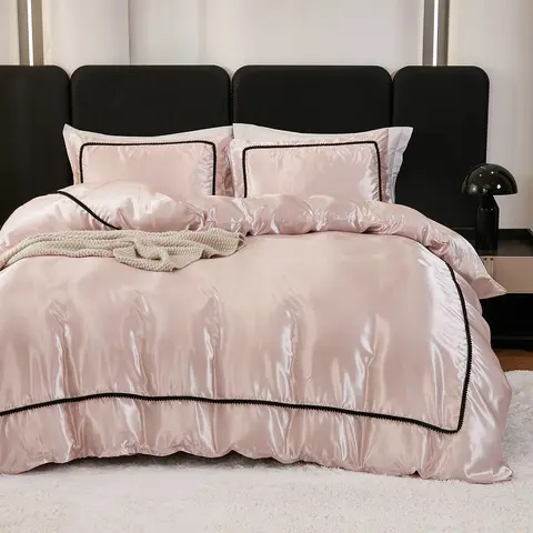 3PCS Satin Duvet Cover Set Silk White Black And Pink Bedding Comforter Cover Silky Luxury Silky Bed set Soft for All season
