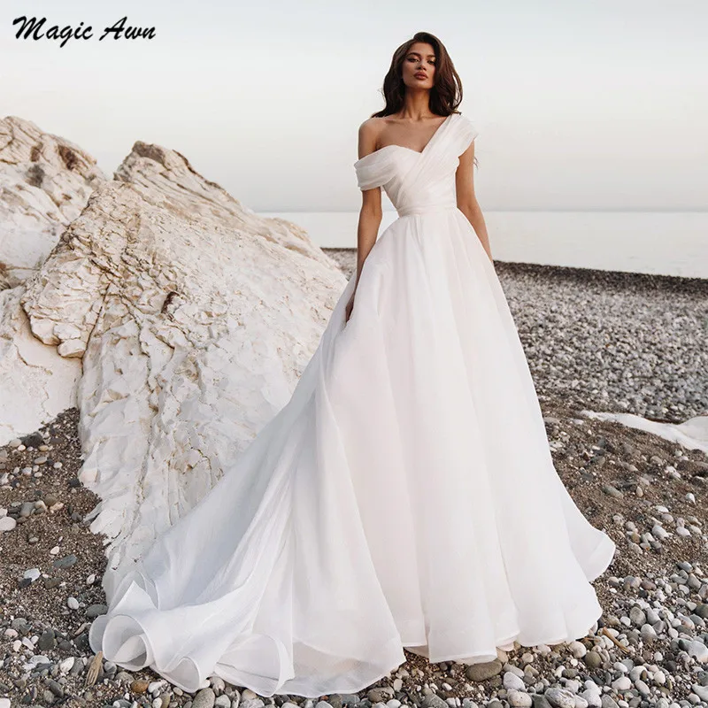 

Magic Awn One Shoulder Beach Wedding Dresses White Organza Simple Puffy Boho Bridal Gowns A-Line For Women Vestidos De Novia