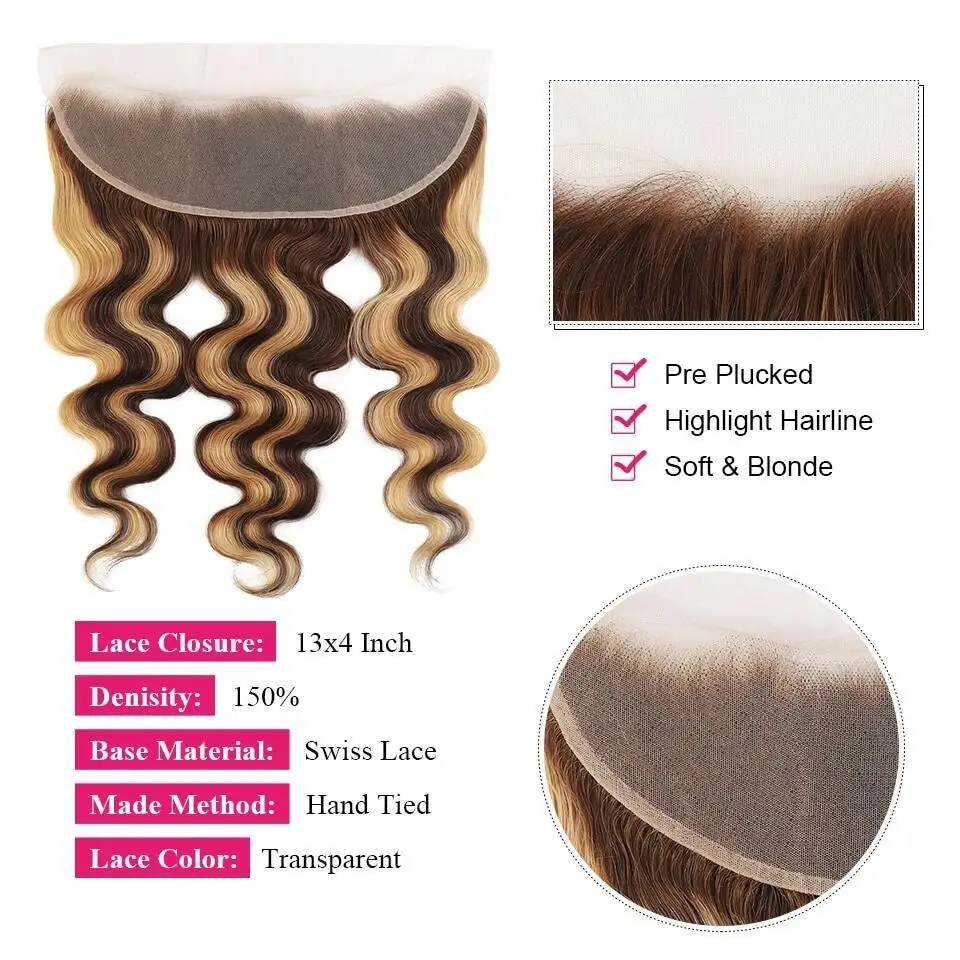 Remy Cabelo Humano Body Wave Bundles com Destaque Frontal, Transparente Lace Frontal, Piano Color Hair, 2 Pacotes, 3 Pacotes, 4 Pacotes, 13x4, P4, 27