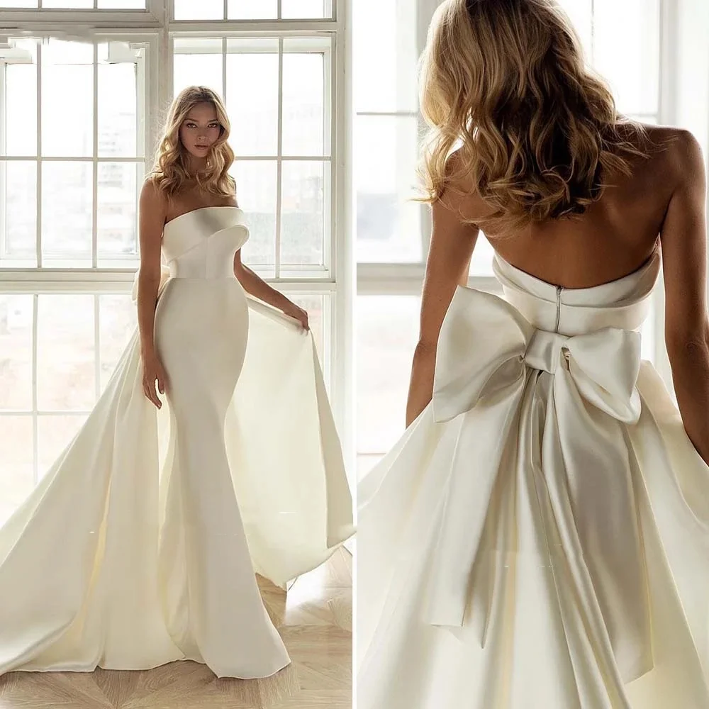 

Customize To Measures 2025 Bow Mermaid Wedding Dresses Solid Satin Strapless Ribbons Sweep Train Bridal Gowns Vintage Robe