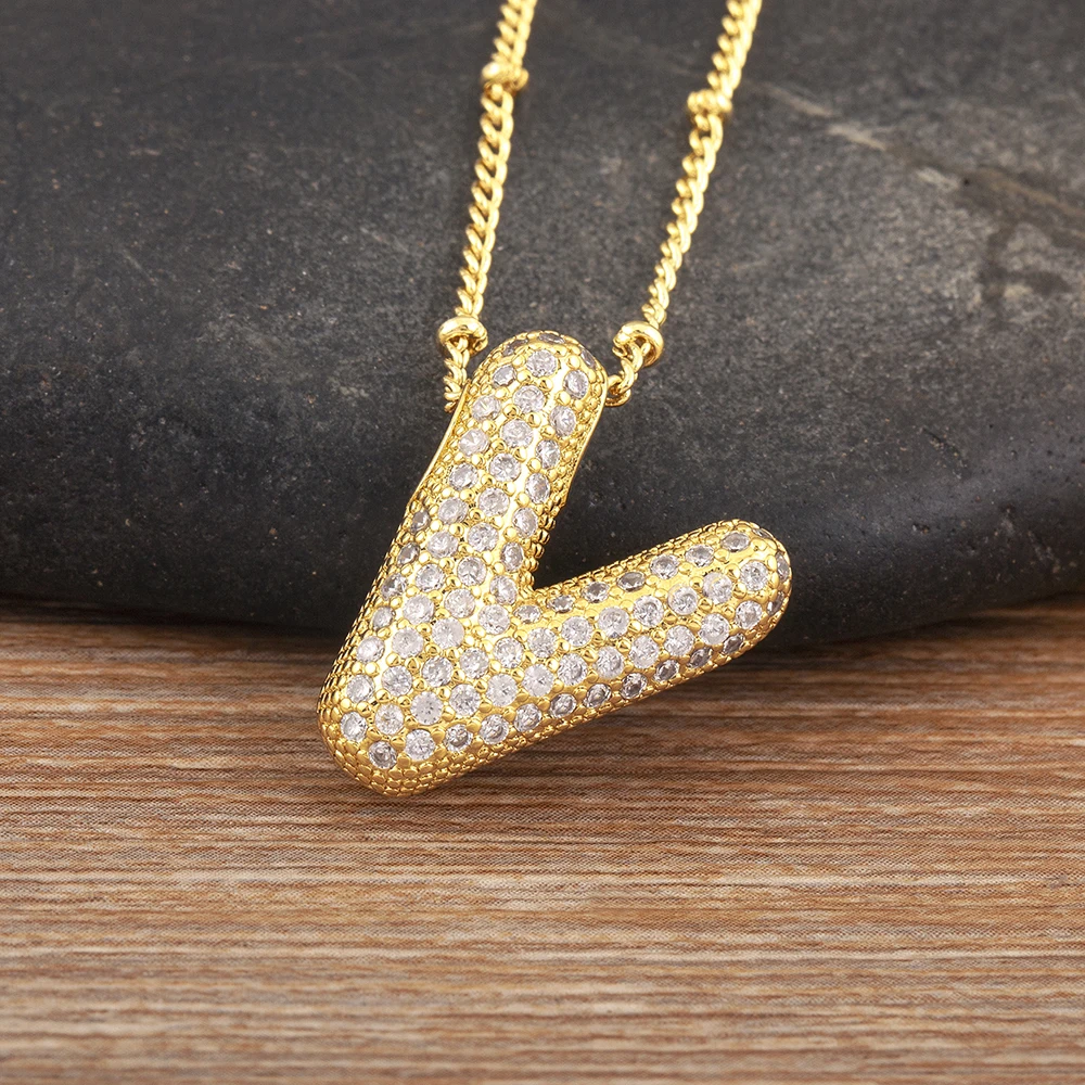 Nidin Light Luxury A-Z Letters Pendant Necklace For Women Copper Inlaid Shiny Crystal Zircon Initials Alphabet Jewelry Chic Gift