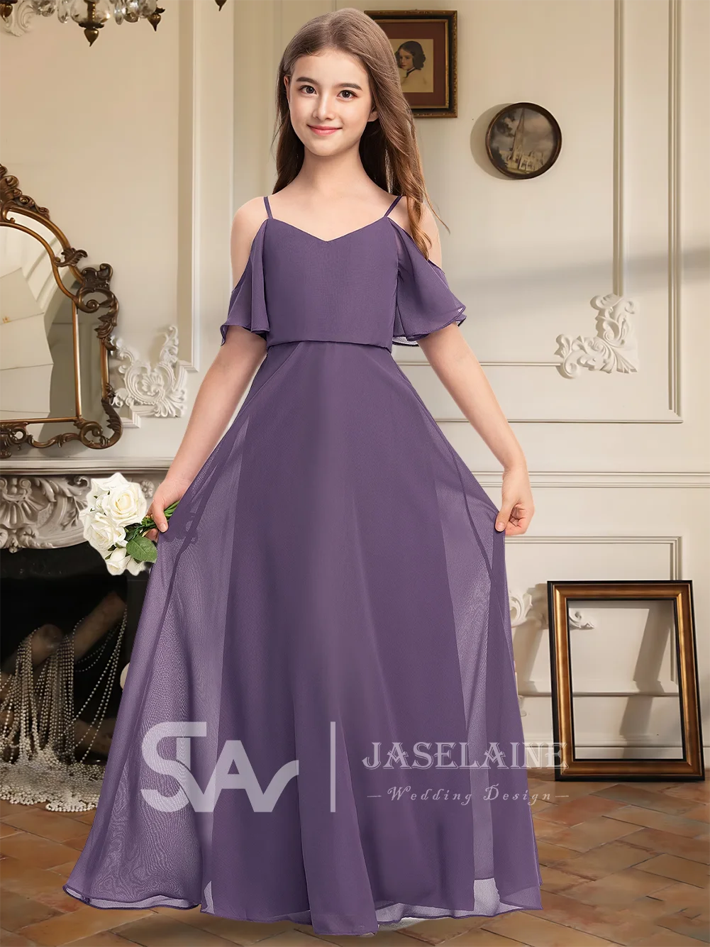 Элегантное платье подружки невесты из шифона с открытыми плечами длиной до пола, платье с цветочным узором для девочек, трапециевидное платье на тонких бретельках для девочек, торжественное мероприятие