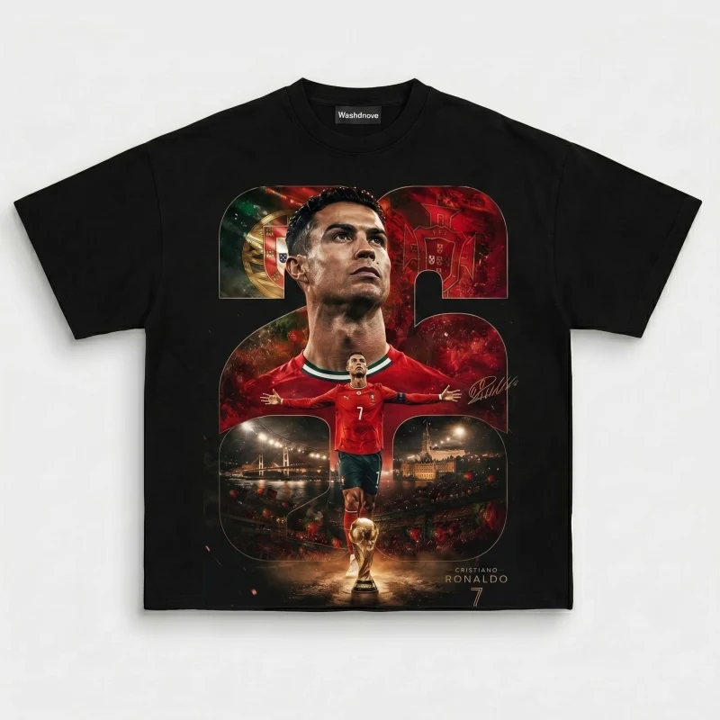Cristiano Ronaldo CR7 Portugal Vintage T-Shirt – Heavyweight 230gsm 100% Cotton – Unisex Oversized Retro Graphic Tee – Streetwear/Hip-Hop Style.