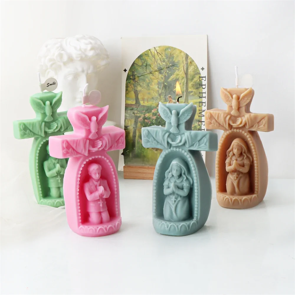 3D Cherub Silicone Mold DIY Handmade Praying Boy Girl Candle Mold Prayer Virgin Sculpture Soy Wax Candle Mold Cross Church Decor — zdjęcie 2