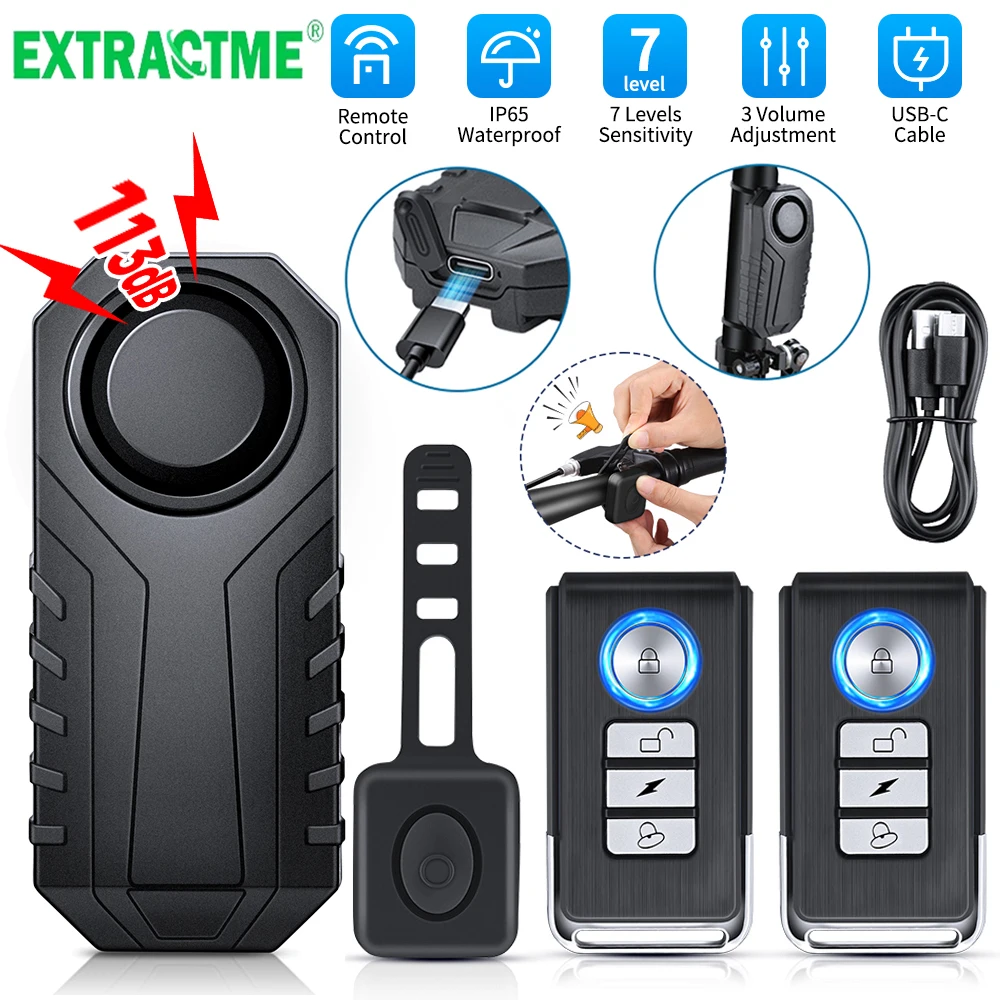 Extractme Rechargeable Motorcycle Alarm IP65 Waterproof Bicycle Anti theft Security Alarm Sensitivity And Sound Adjustable ﻿