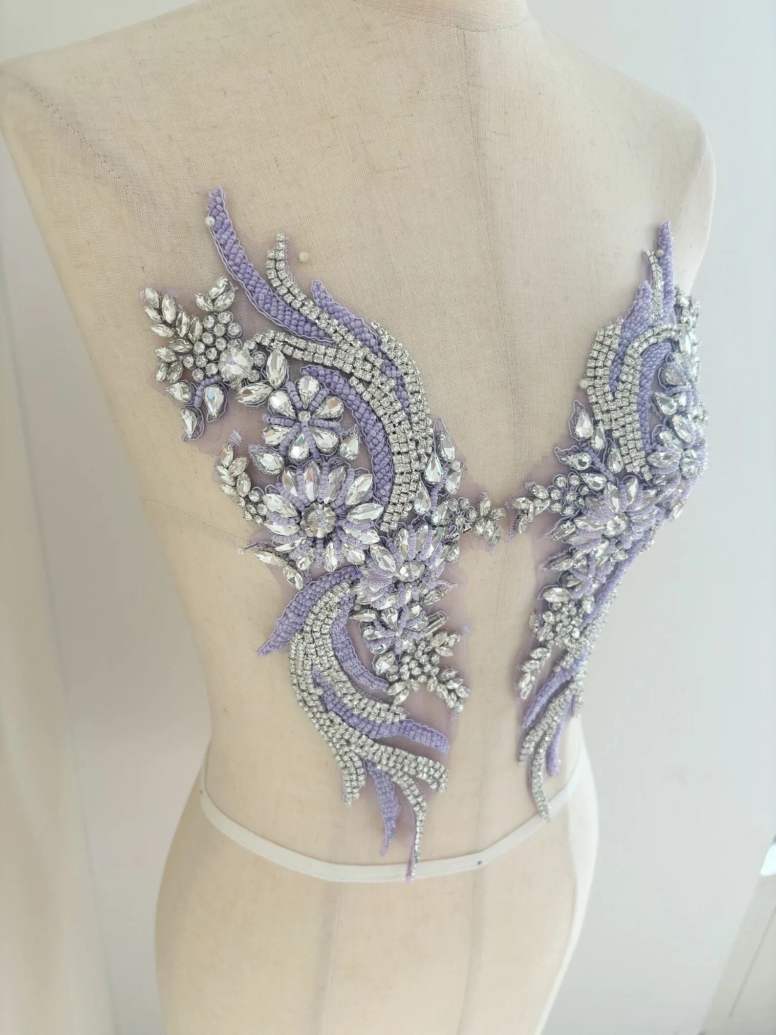 lavender Purple Rhinestone Applique for Couture Dance Costume Crystal Bodice Patch For Dress