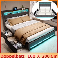 160x200cm Upholstered bed frame with USB charging headboard and LED light and 4 drawers, double bed storage bed frame