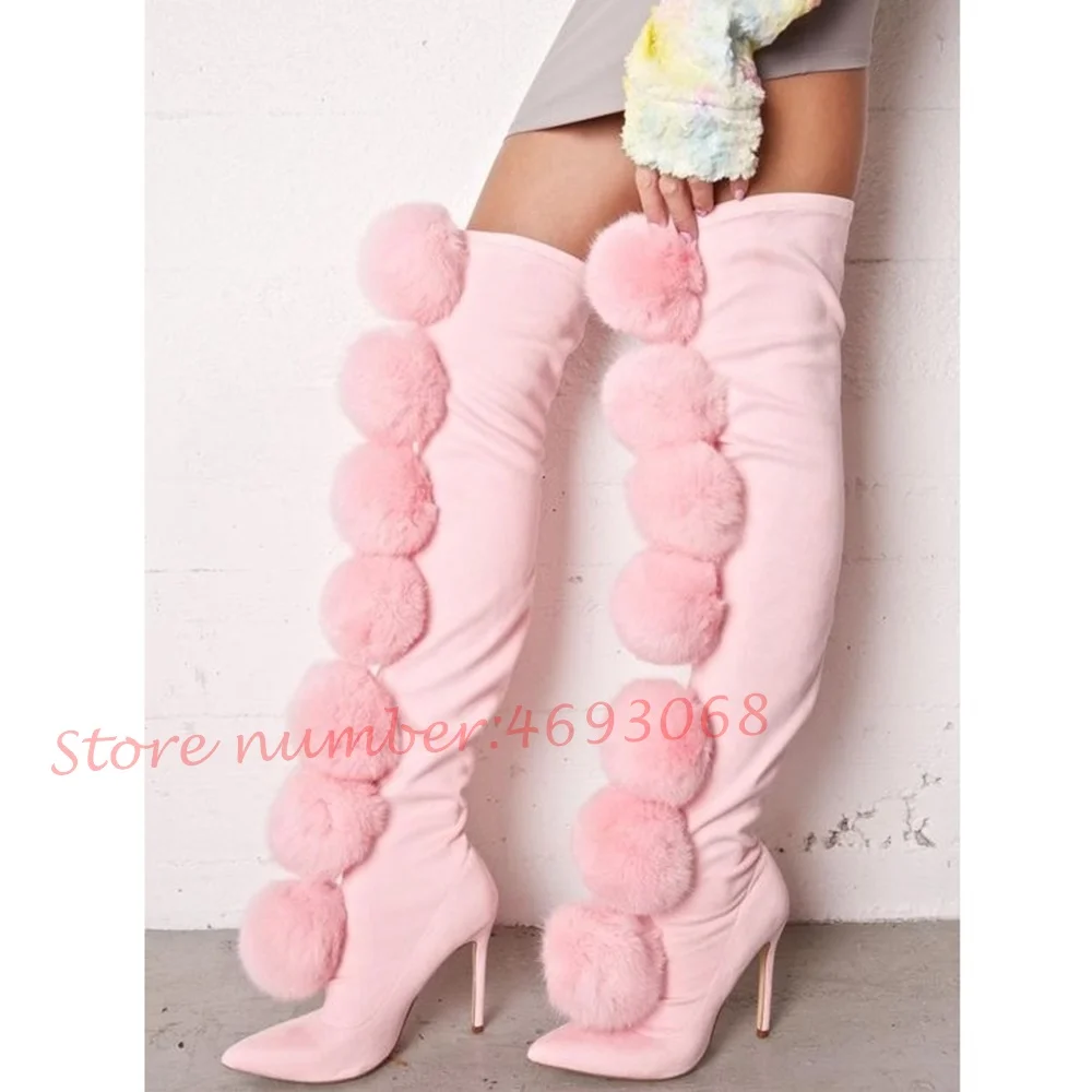 Poms Suede Pink Thigh High Boots Women Spring Sweet Thin High Heels Fur Stretch Boots Pointed Toe Female Sexy Elegant Long Shoes