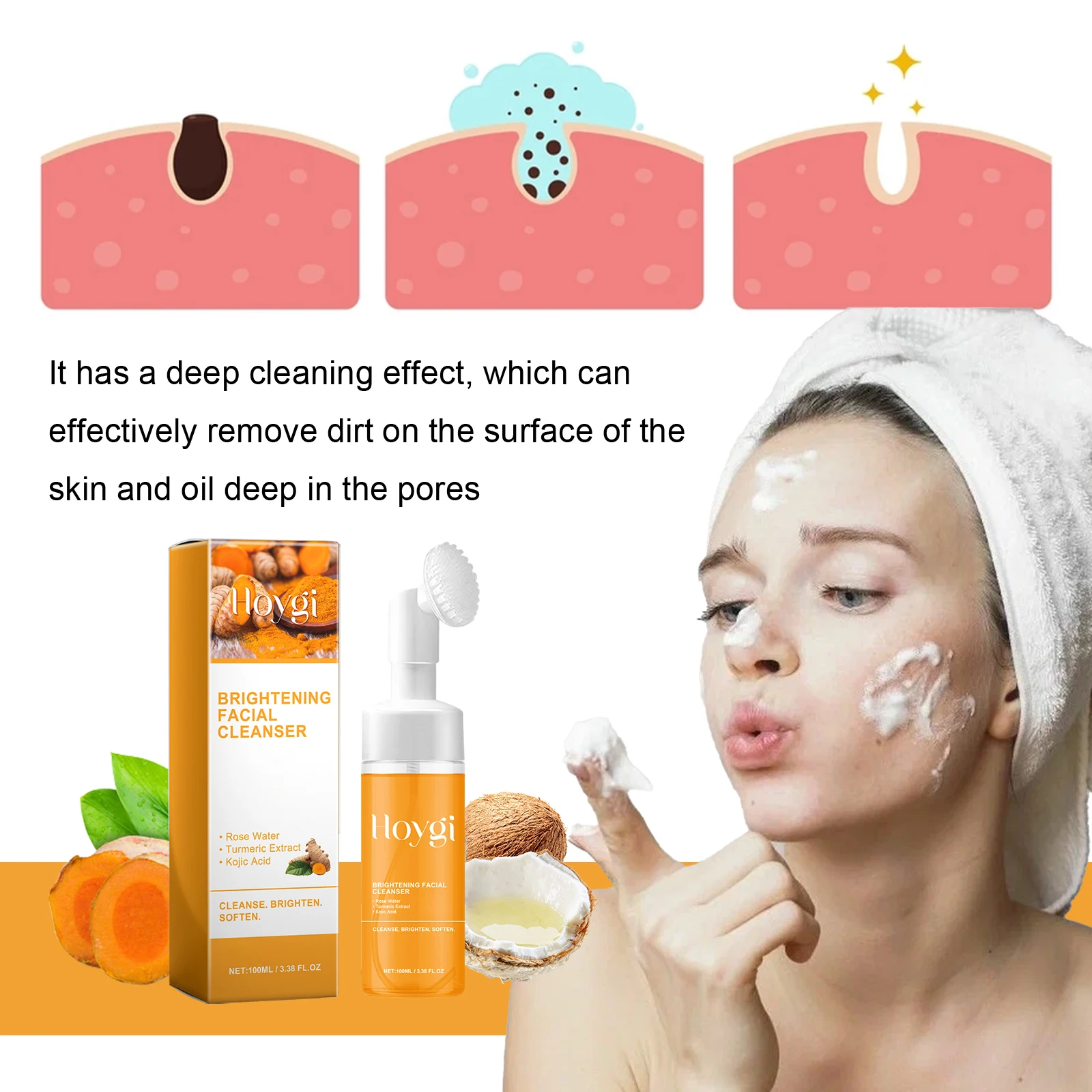 Hoygi 100ml Turmeric Brightening Facial Cleanser Face Glowing Exfoliating Remove Blackhead Shrink Pores Hydrating Face Cleaner