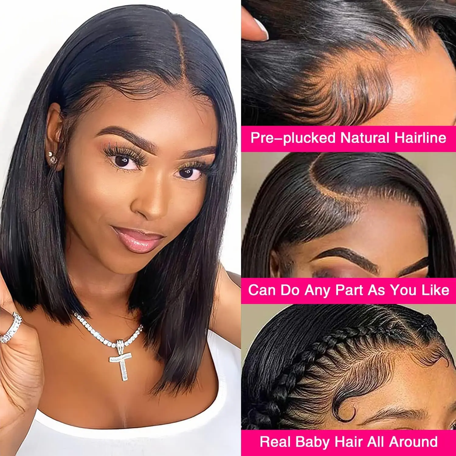 Perruque Bob Lace Front Wig naturelle lisse, cheveux courts, 13x4, pre-plucked, avec baby hair, densité 180%, # 1B