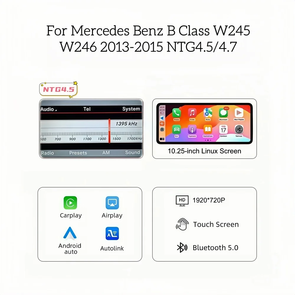 Bonroad 10.25' autoradio voor Mercedes Benz A-Klasse CLA GLA W176 C117 X156 B-Klasse W245 W246 met draadloze CarPlay en Android Auto