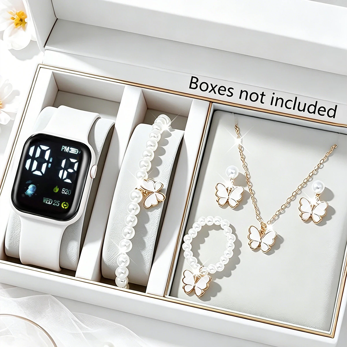 6-Piece Set, Children's Casual Simple Led Electronic Watch Paired with a Pearl Butterfly Bracelet, Necklace, Earrings, and Ring Set, Versatile for Everyday Wear, a Great Gift for Halloween, Christmas, New Year, and Birthdays.