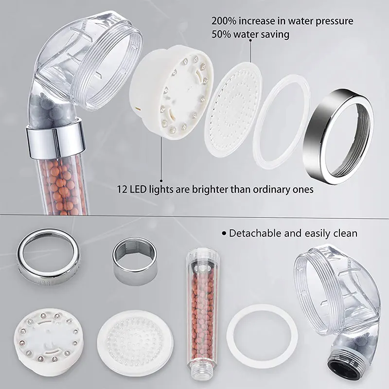 LED Shower Head 3/7 Color Changing Temperature Sensor Handheld Mineral Anion Water Saving High Pressure Bathroom Shower Filter