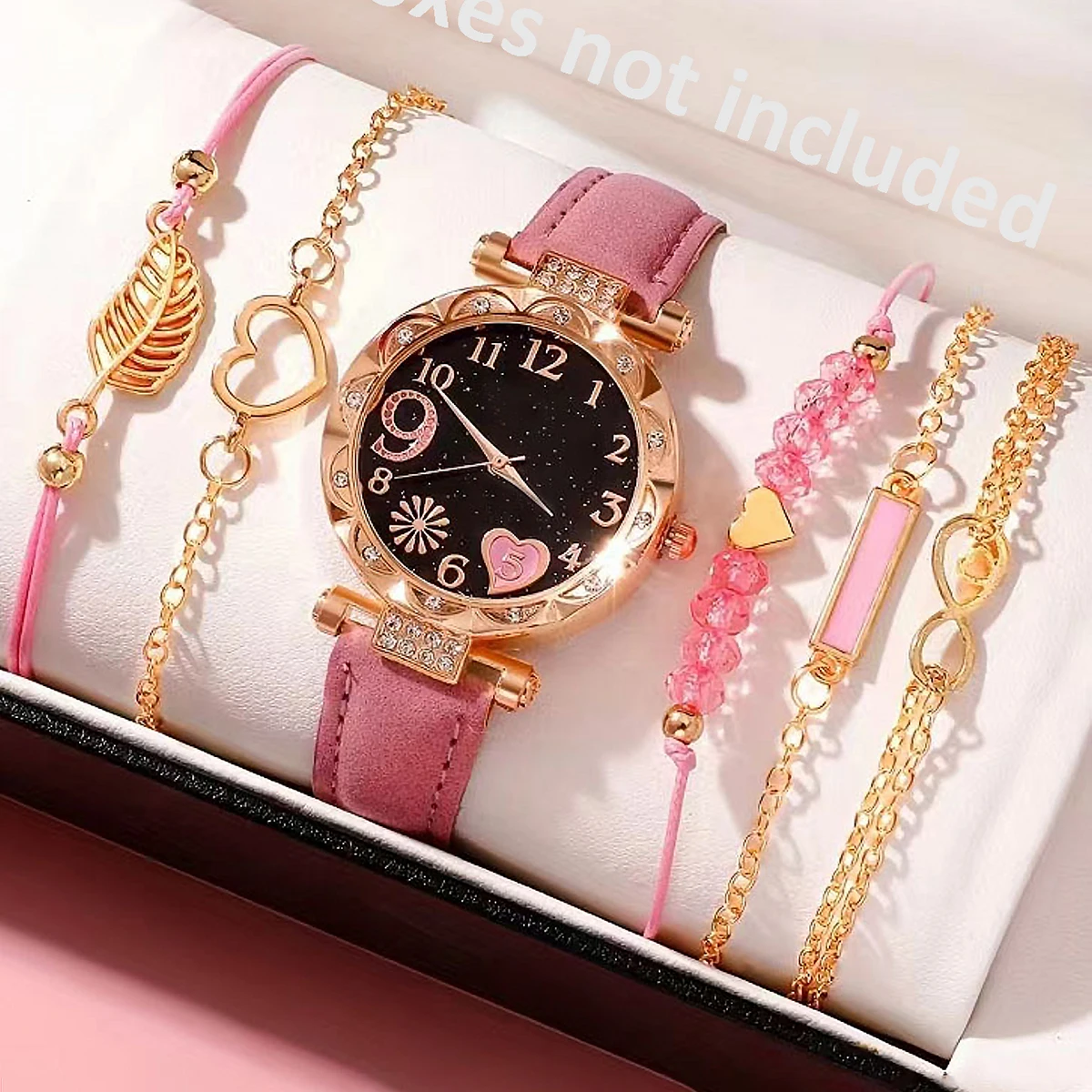 1 Piece of Heart-Shaped Digital Rhinestone Quartz Watch for Girls, Cute Casual Wristwatch and 5 Pieces of Pink Heart Feather Bracelets, Suitable for Holiday Gifts