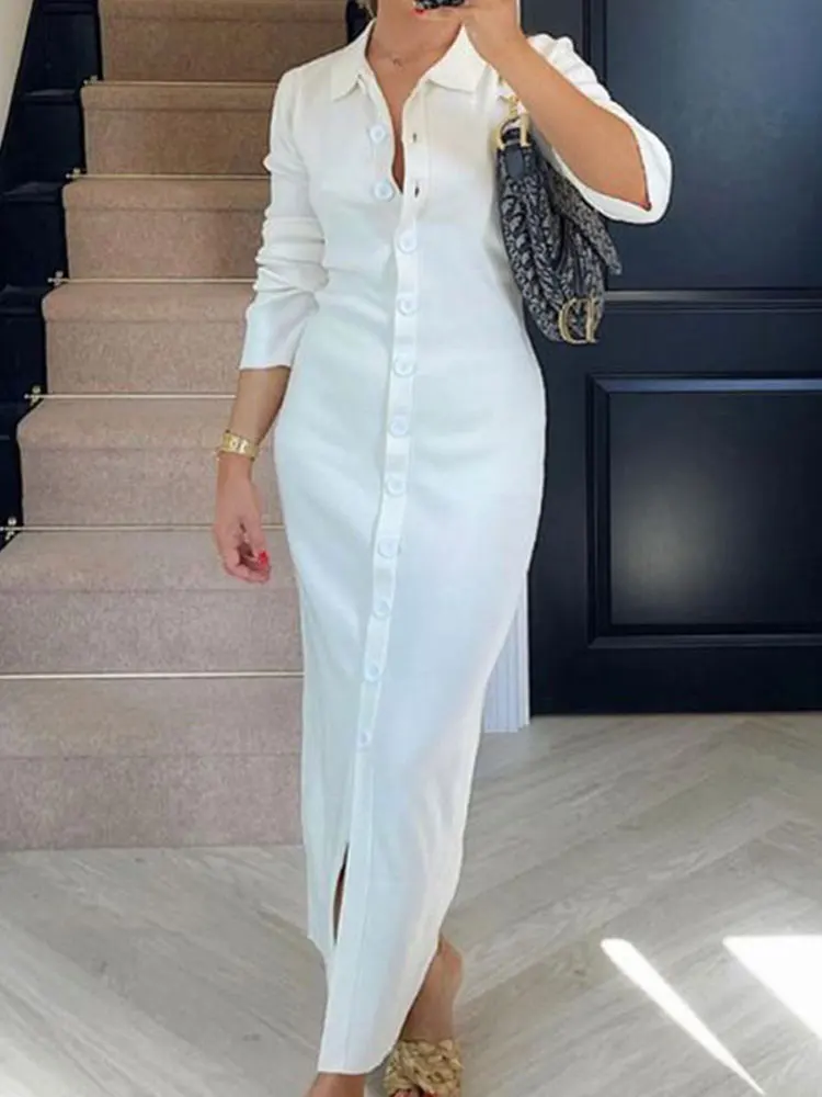 

Elegant Women's Long Skirt Temperament Commuting Fashion Single Breasted Shirt Skirt Lapel Cardigan Solid Long Sleeve Dress
