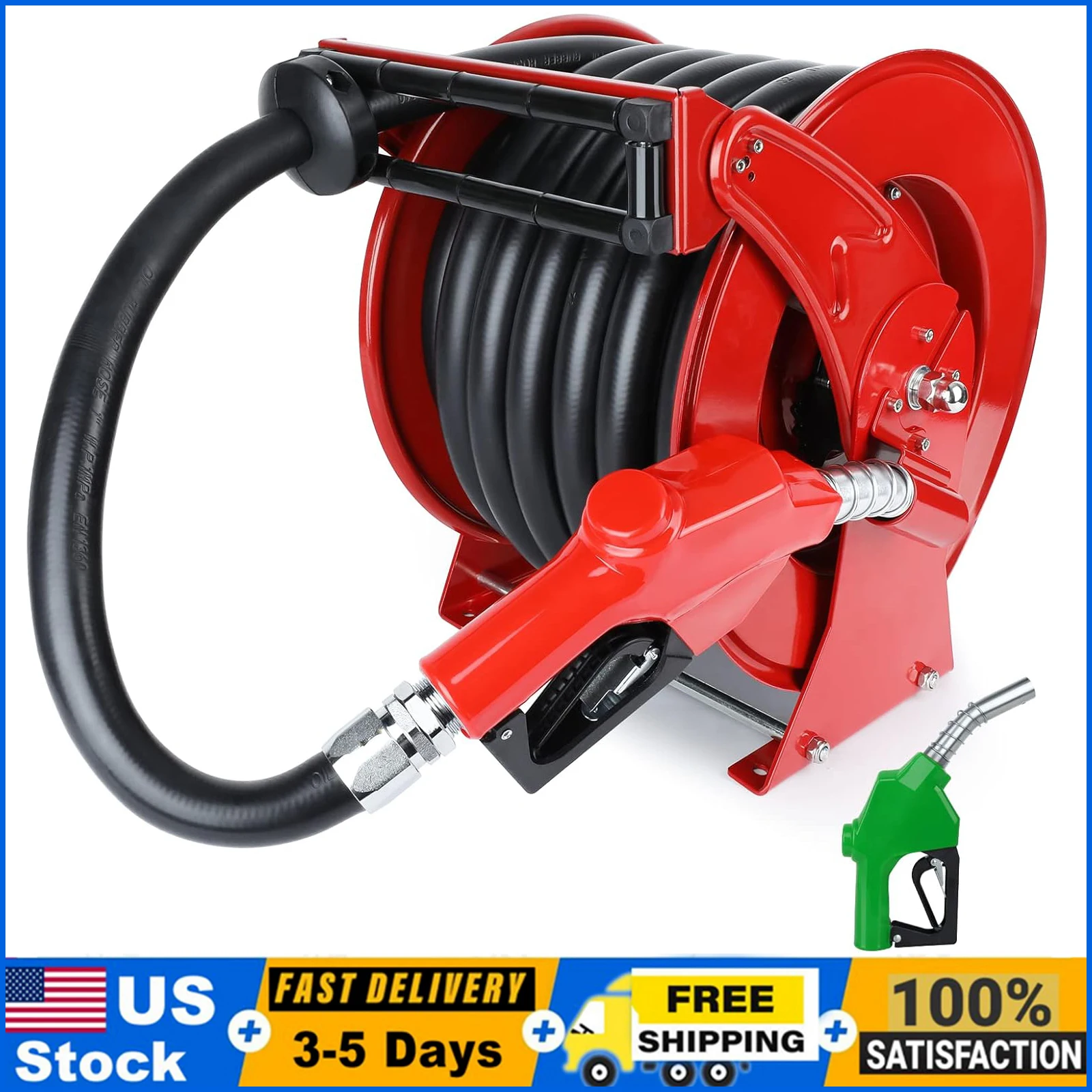 

Fuel Hose Reel 1Inch x 50ft with Fueling Nozzle Diesel Fuel Hose Reel 300PSI Retractable Industrial Heavy Duty Swivel Steel