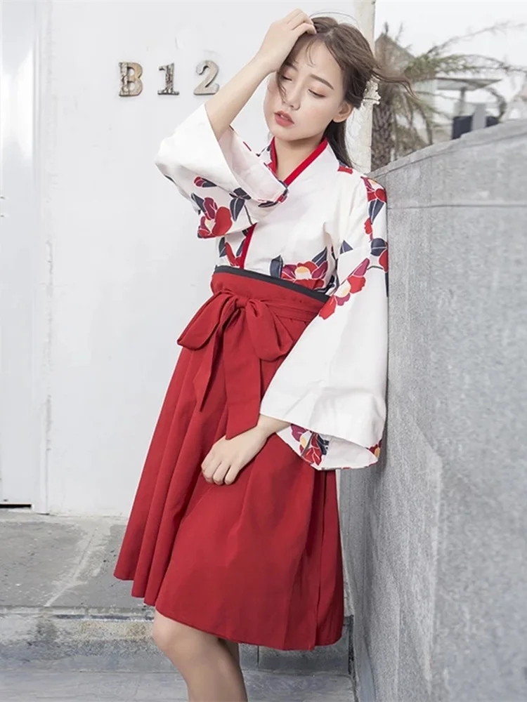 2023 Japanese Style Floral Print Dress Cosplay Long Kimono Skirt Kawaii Clothing Girls Party Robe Set Vintage Costume Asian