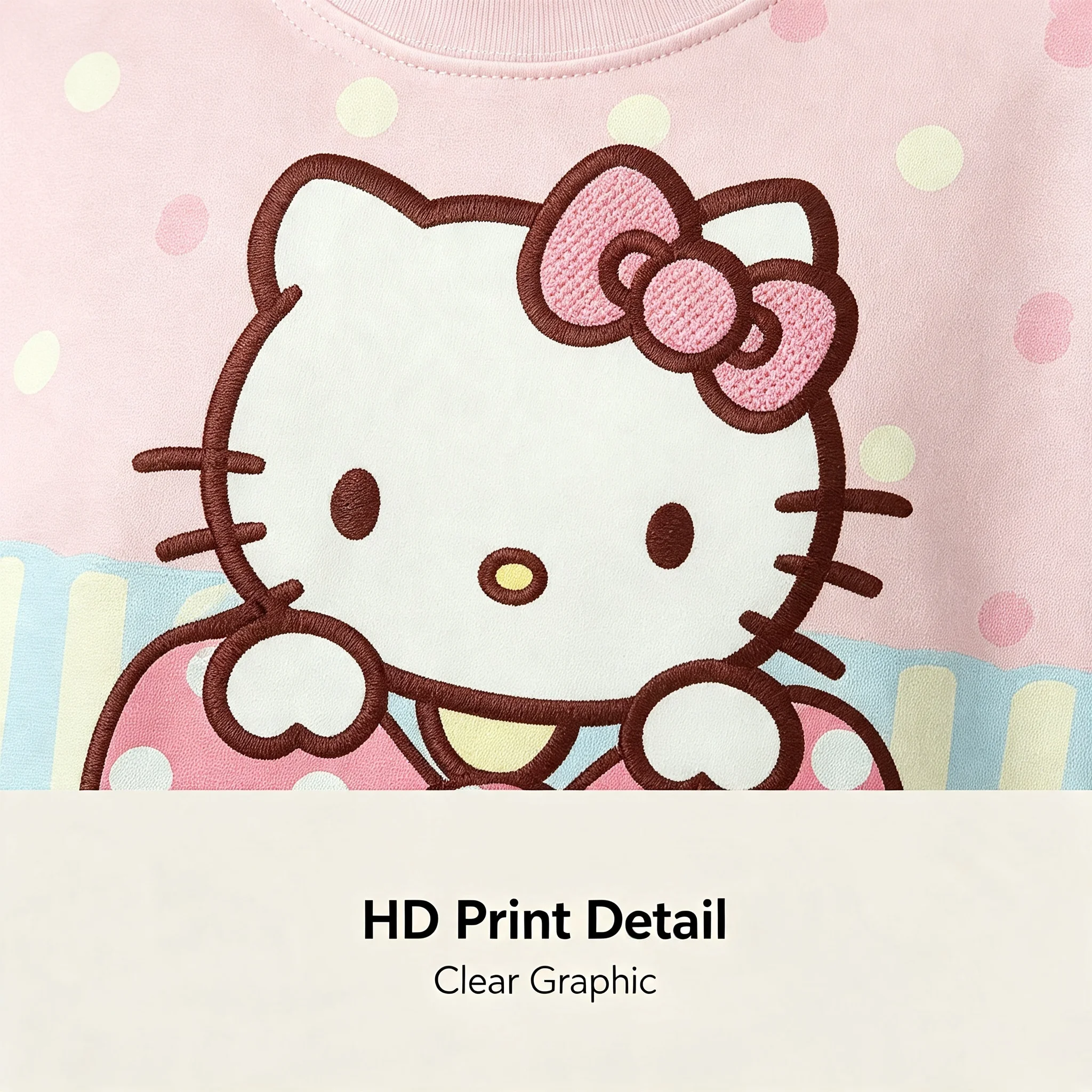 Women Hello Kitty Big Bow Print 34‑Sleeve Baseball Jersey Shirt Pink Polka‑dot Stripe Hem Loose  Kawaii Casual Streetwear Top view 5