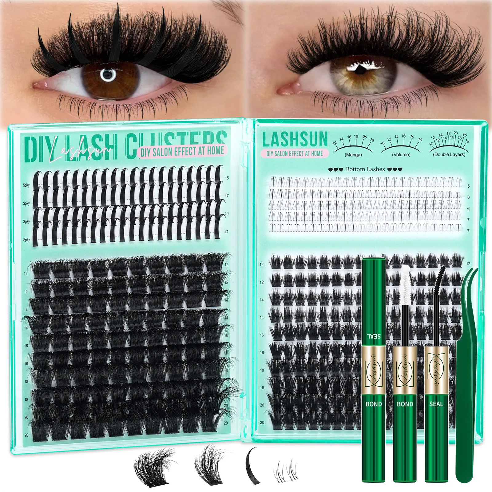 kit-de-cilios-posticos-lashsun-400-pecas-4-estilos-d-curl-diy-cilios-200d-mega-100d-spike-inferiores-com-cola-e-pinca-de-fixacao