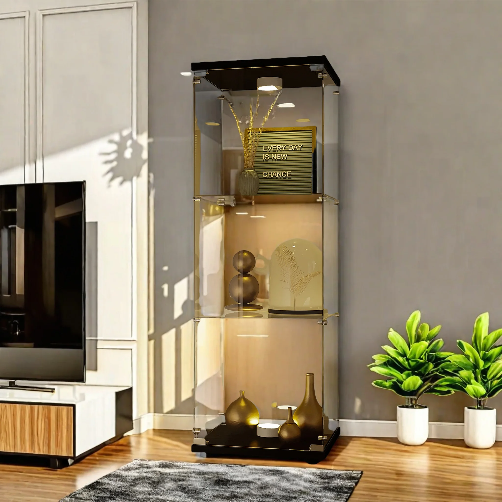 Glasvitrine Standvitrine, 3 Lagen Modern Glas Vitrine Vitrinenschrank, Glasvitrine mit Beleuchtung, Vitrine Stehend für Sammlerstücke, Bücher, Wein, Büro, Schwarz, 125 x 42 x 36 cm