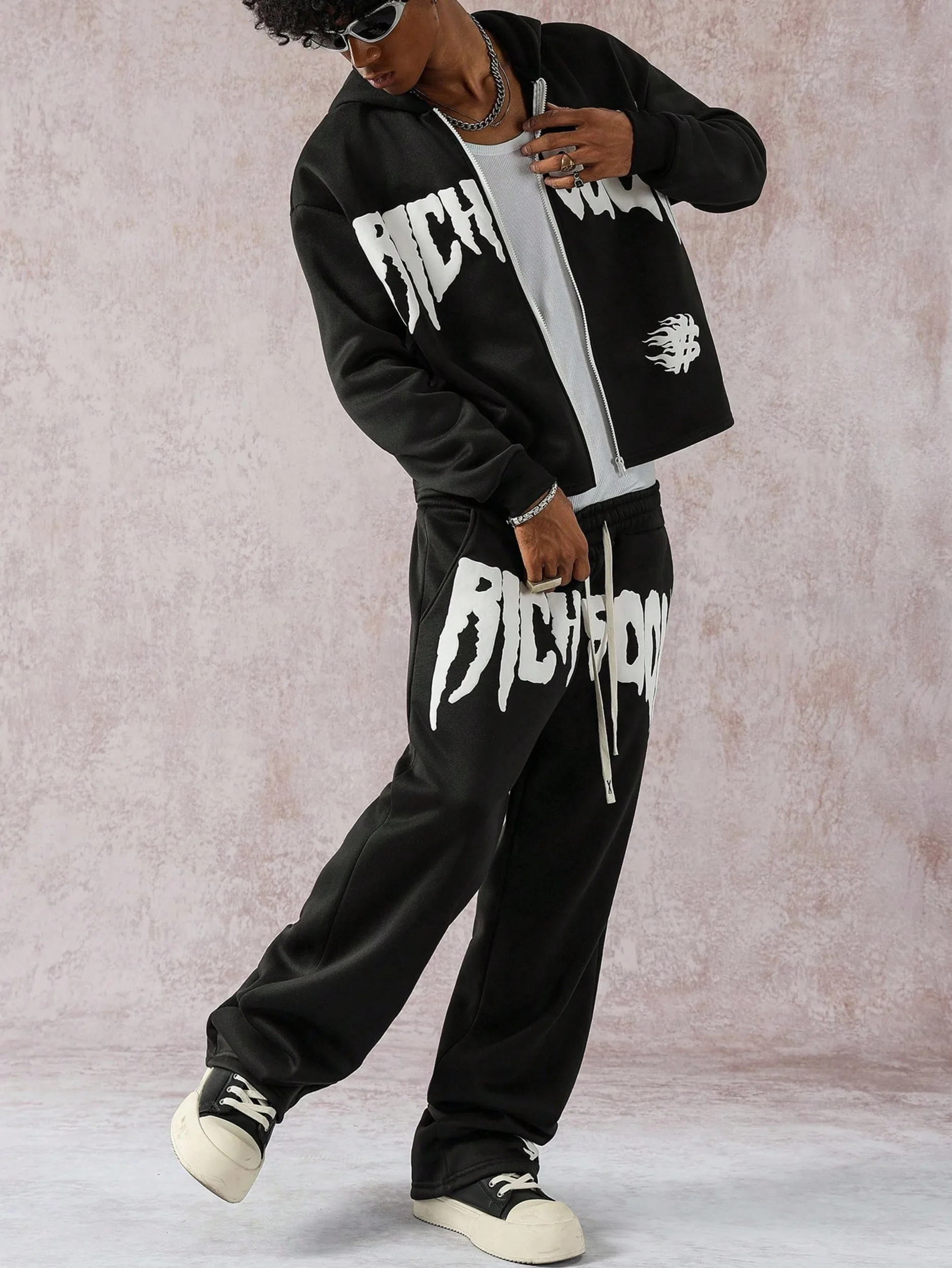 

Men's Black Sweatpants With Foamed Money Symbol Pattern, Back To School,Streetwear Clothes, Men Sweatpants