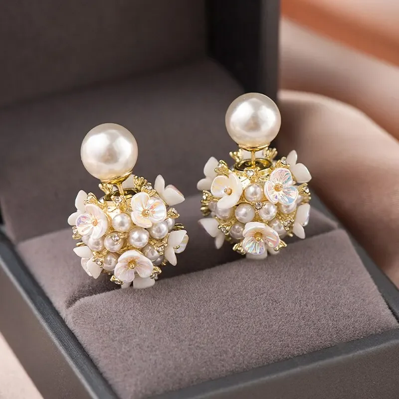 Boucles d'oreilles élégantes en Imitation de perles pour femmes, Double face, coquille blanche, bijoux d'oreille exquis pour fête
