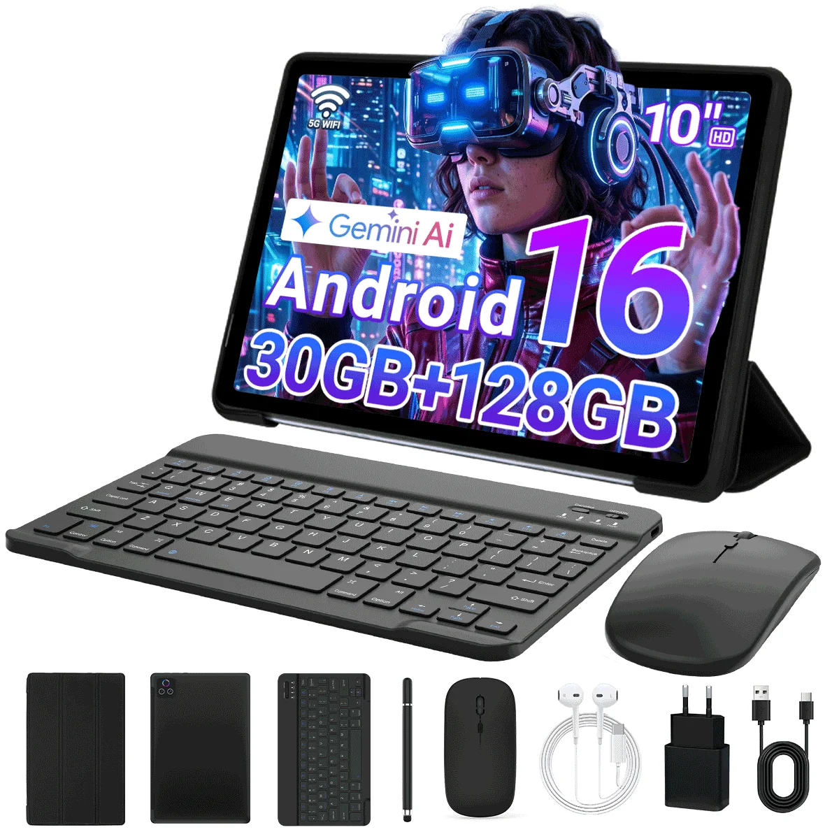 Tableta Hyjoy X109L con procesador Octa Core, sistema operativo Android 16, pantalla de 10,1 pulgadas, 36 GB de RAM, 128 GB de ROM, con teclado, ratón y lápiz, paquete completo, batería de 6000 mAh
