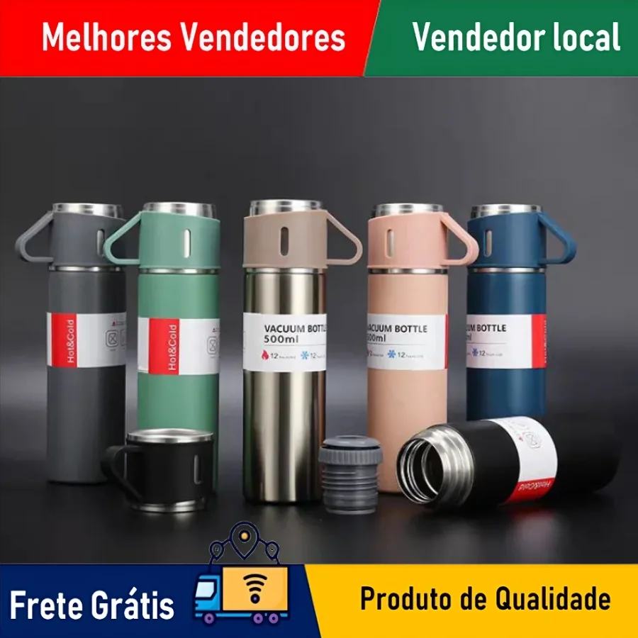 SKYTUR Kit Conjunto Garrafa Térmica Com Tampa & Xícaras Quente Frio Temporada 500ML - ÓTIMO PRESENTE NATALINO NATAL RAPIDO