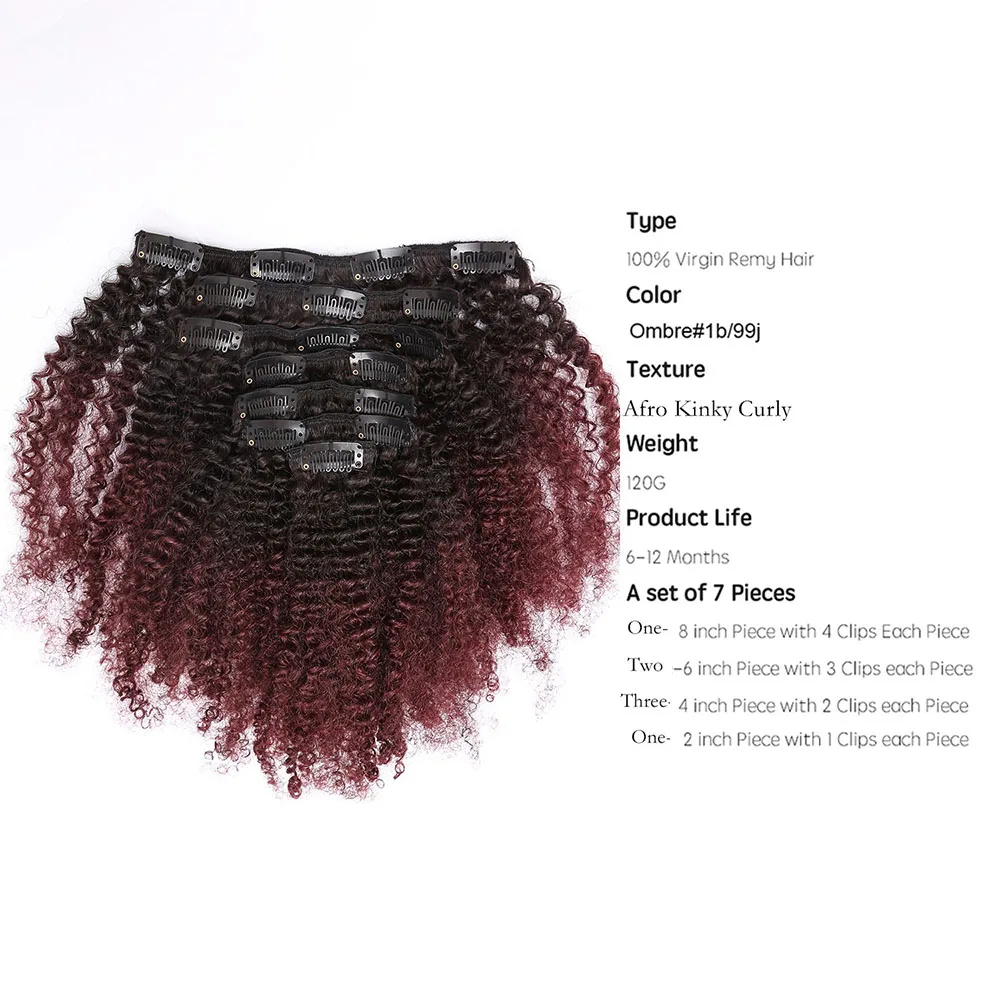 8-24 Inch 1B/99J Ombre Afro Kinky Curly Clip In Human Hair Extensions 100% Human Hair Clip In 120g 8Pcs/Set Full Head For Women