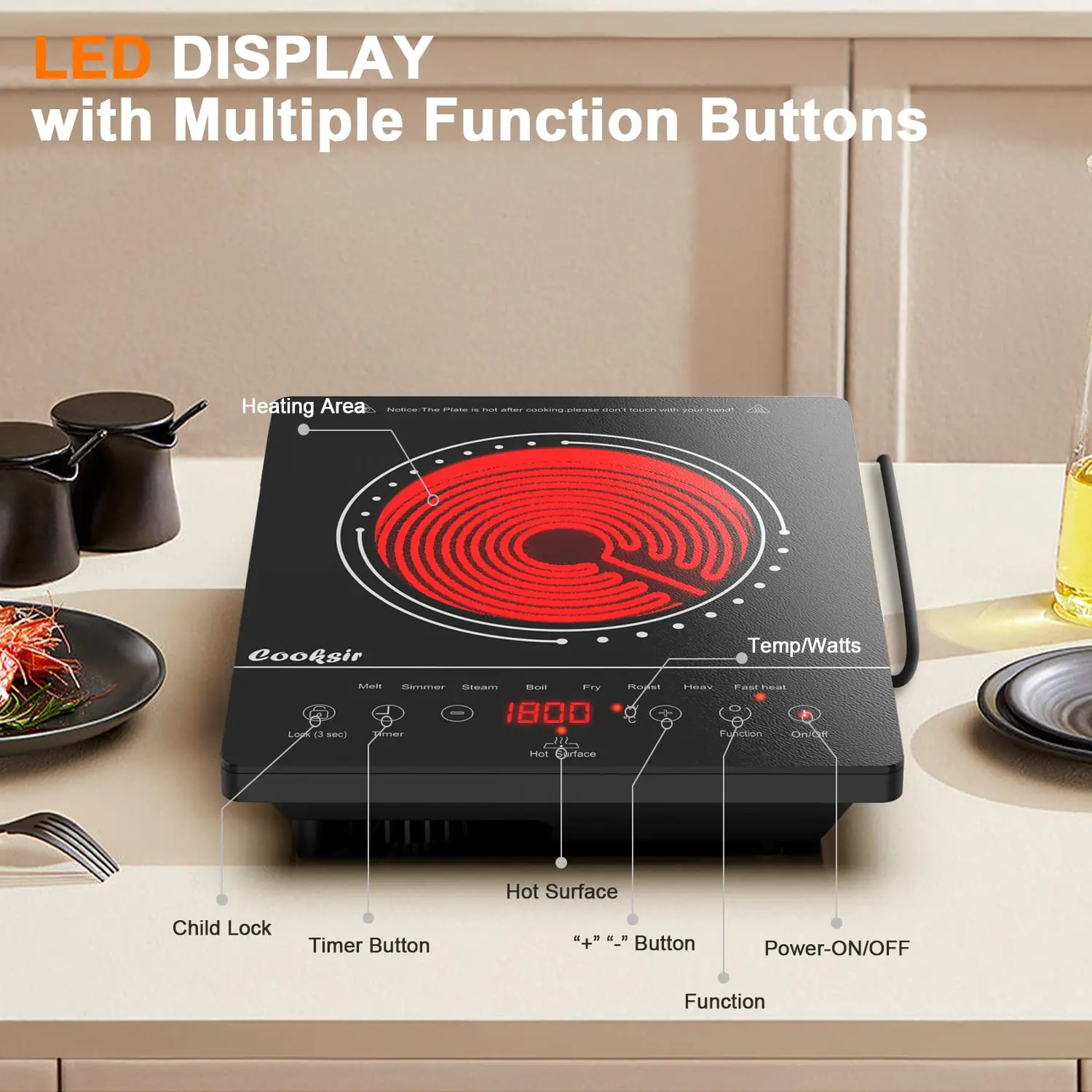 Cooksir Portable Single Burner Electric Cooktop，1800W with Safety Lock, Timer, Overheat Protection，Touch Control