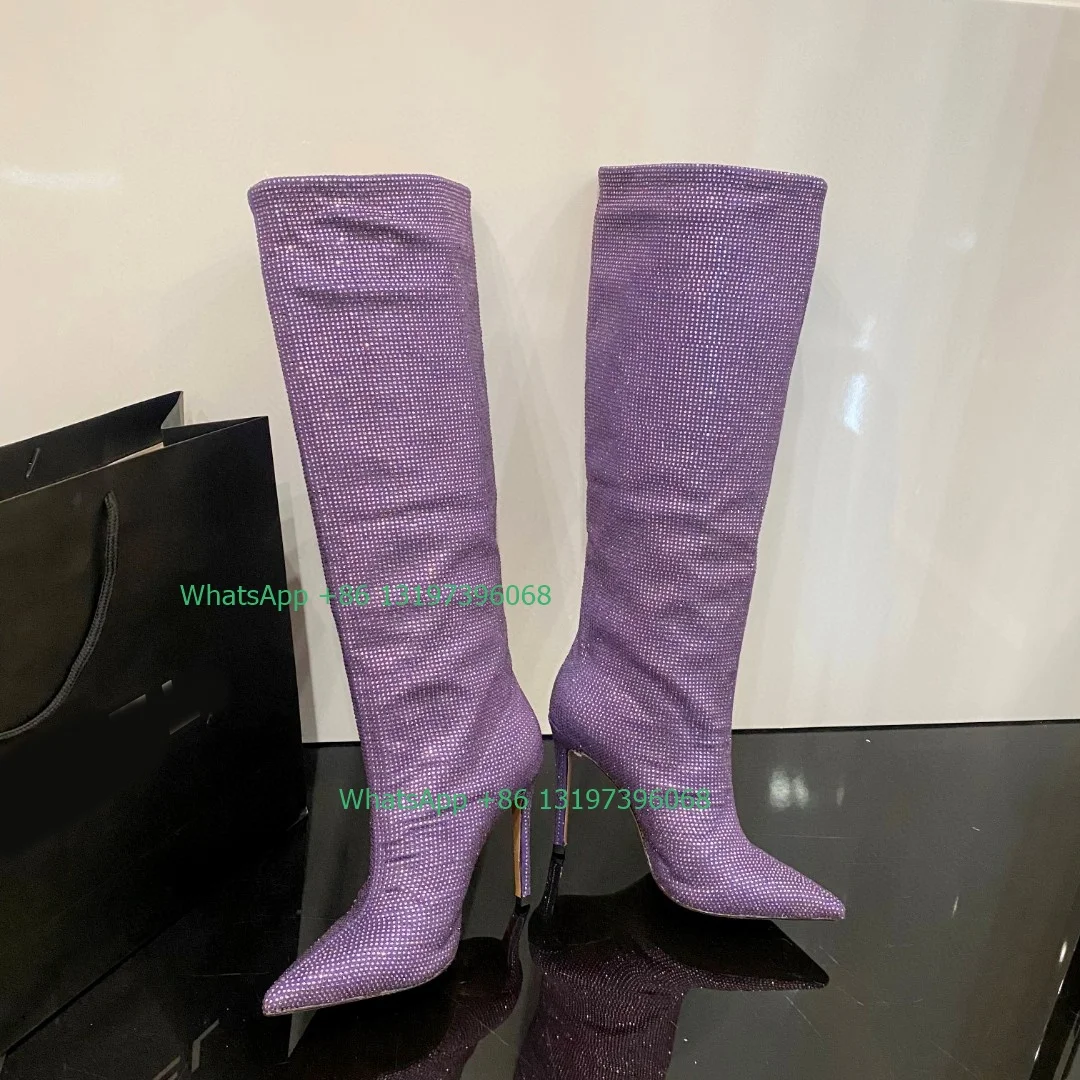 سيدة الأزرق بلينغ حجر الراين أحذية الركبة مثير اللون مشرق أشار تو أحذية T تظهر عالية الكعب فارس أحذية باردة الصيف الربيع الأحذية