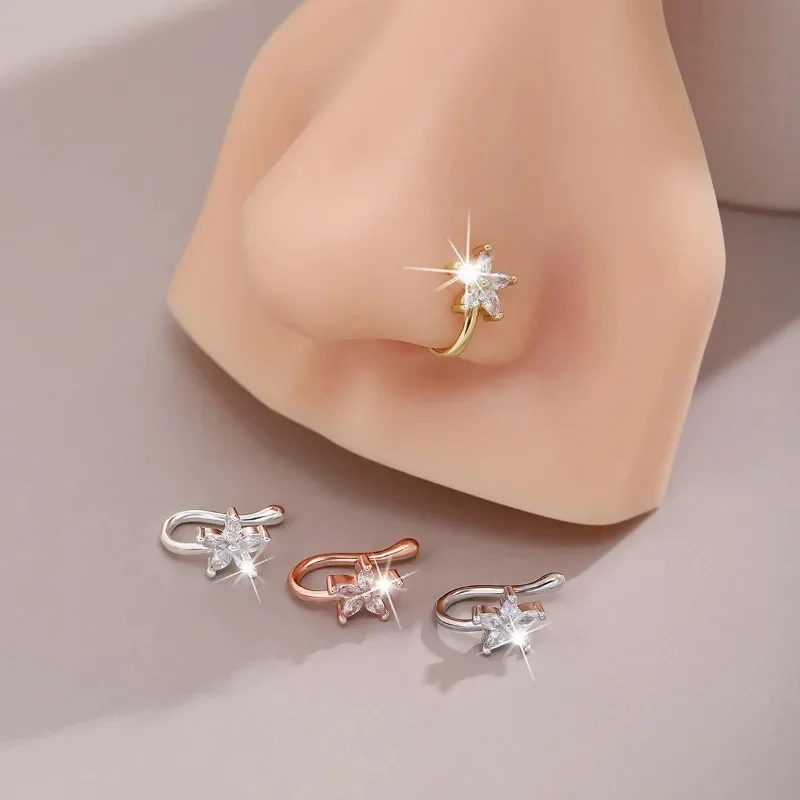 Modischer U-förmiger, nicht durchdringender Blumen-Nasenring, schlichter Hip-Hop-Stil, eingelegter kubischer Zirkon, gefälschter Nasenclip, Körperpiercing-Schmuck
