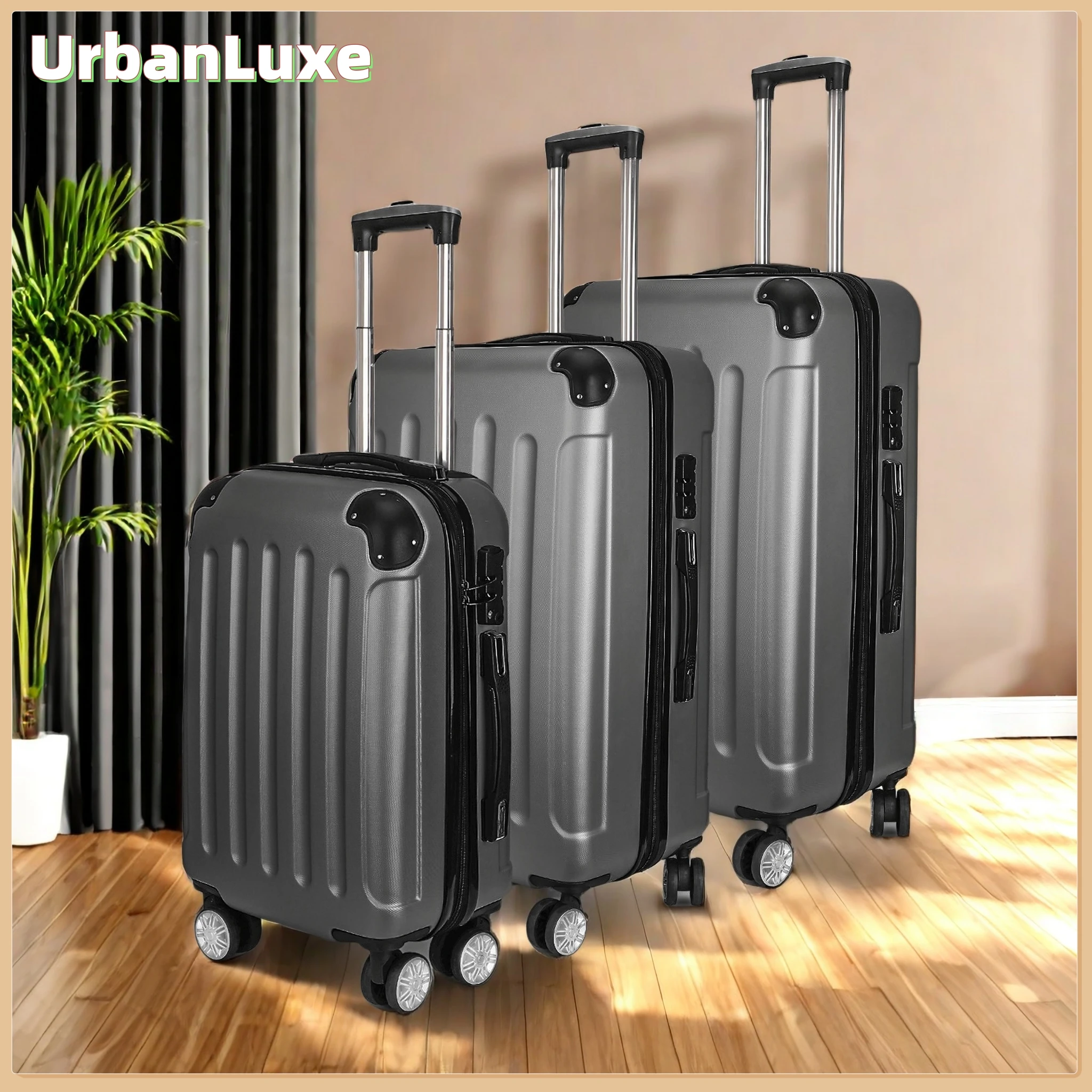 UrbanLuxe Set di valigie, set da 3 pezzi, materiale ABS, bagaglio da esterno, valigia da viaggio, set di trolley, grigio scuro