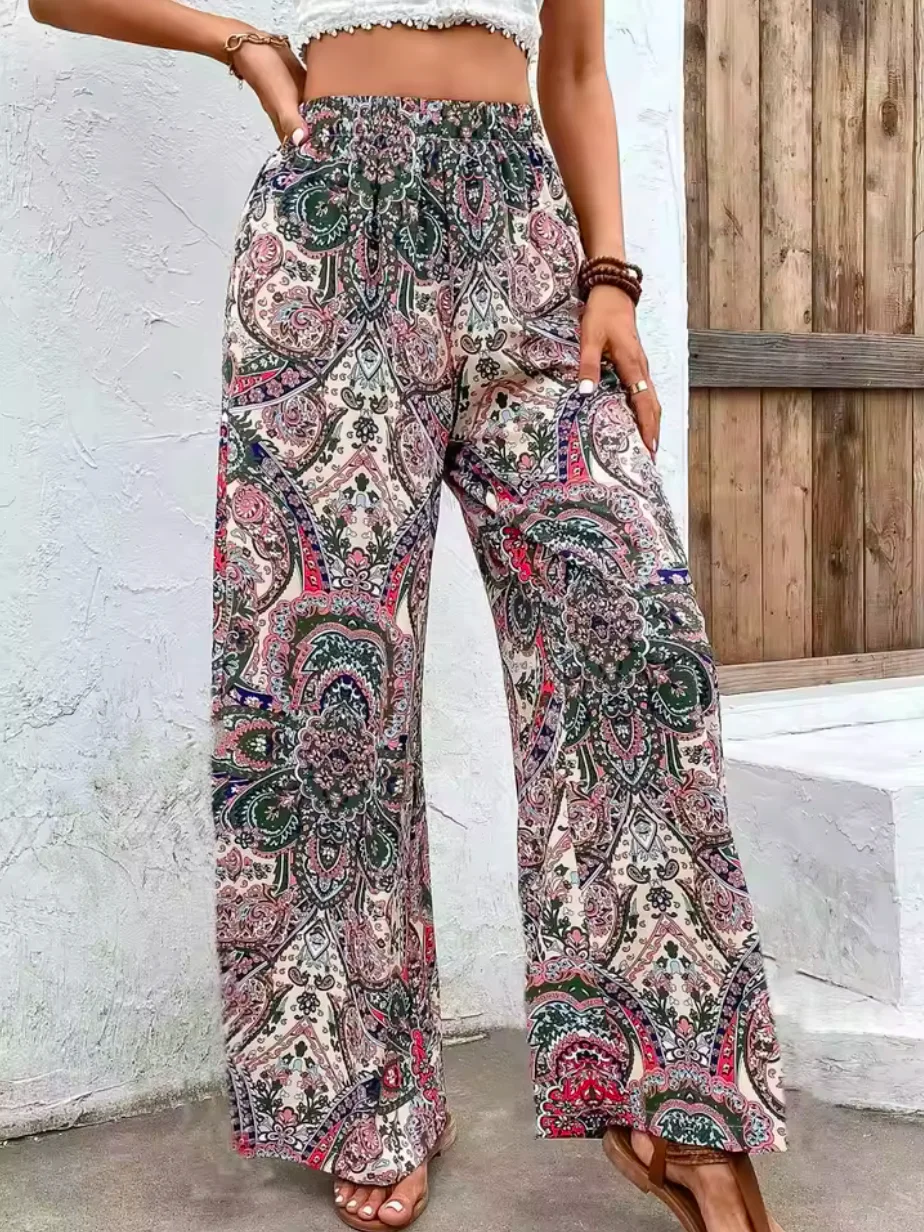 Palazzo Pant Wide - بنطلون نسائي بوهيمي واسع الساق بطبعة