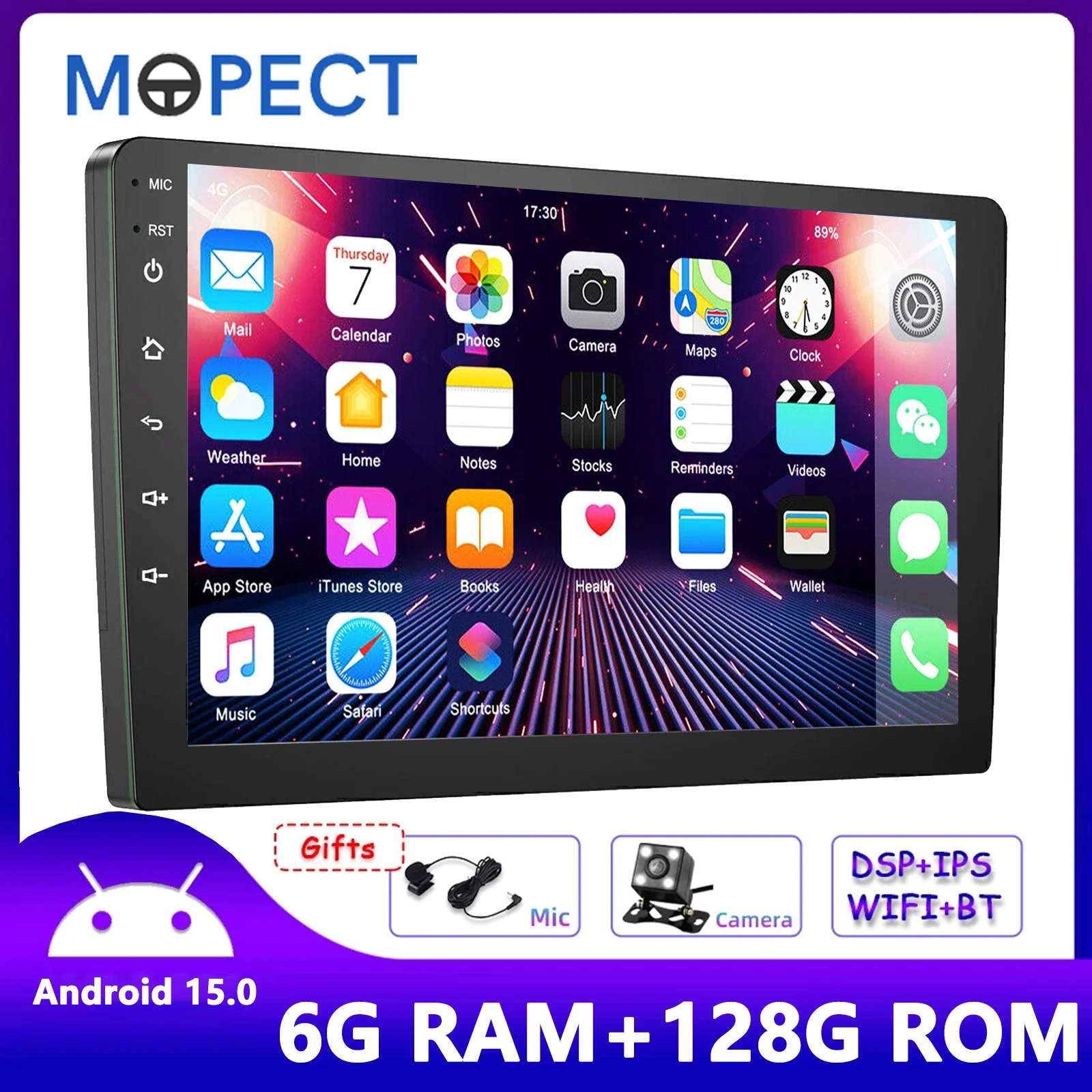 MOPECT Autoradio Universale 2 DIN da 9 Pollici con Carplay Wireless, Lettore Multimediale, Navigazione Android, GPS Auto, WIFI, 6+128G, Stereo per Auto per Nissan Hyundai Toyota Honda Ford