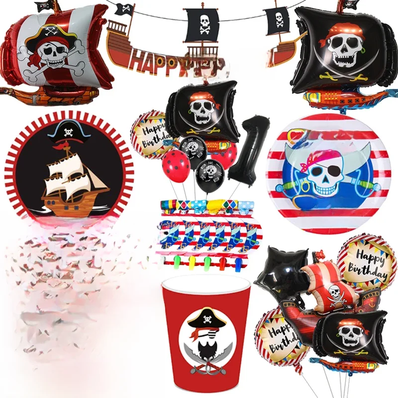 Vaisselle jetable pour fĂȘte Ă thĂšme de dessin animĂ© Pirate rouge, assiettes en papier, gobelets, ballons d'anniversaire pour enfants, fournitures de dĂ©coration pour rĂ©ception-cadeau pour bĂ©bĂ©