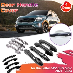 Car Door Handle Cover for Kia Seltos SP2 SP2i SP2c 2021~2024 Carbon Fiber Black Sticker Trim Decor Scratch Parts Cap Accessories