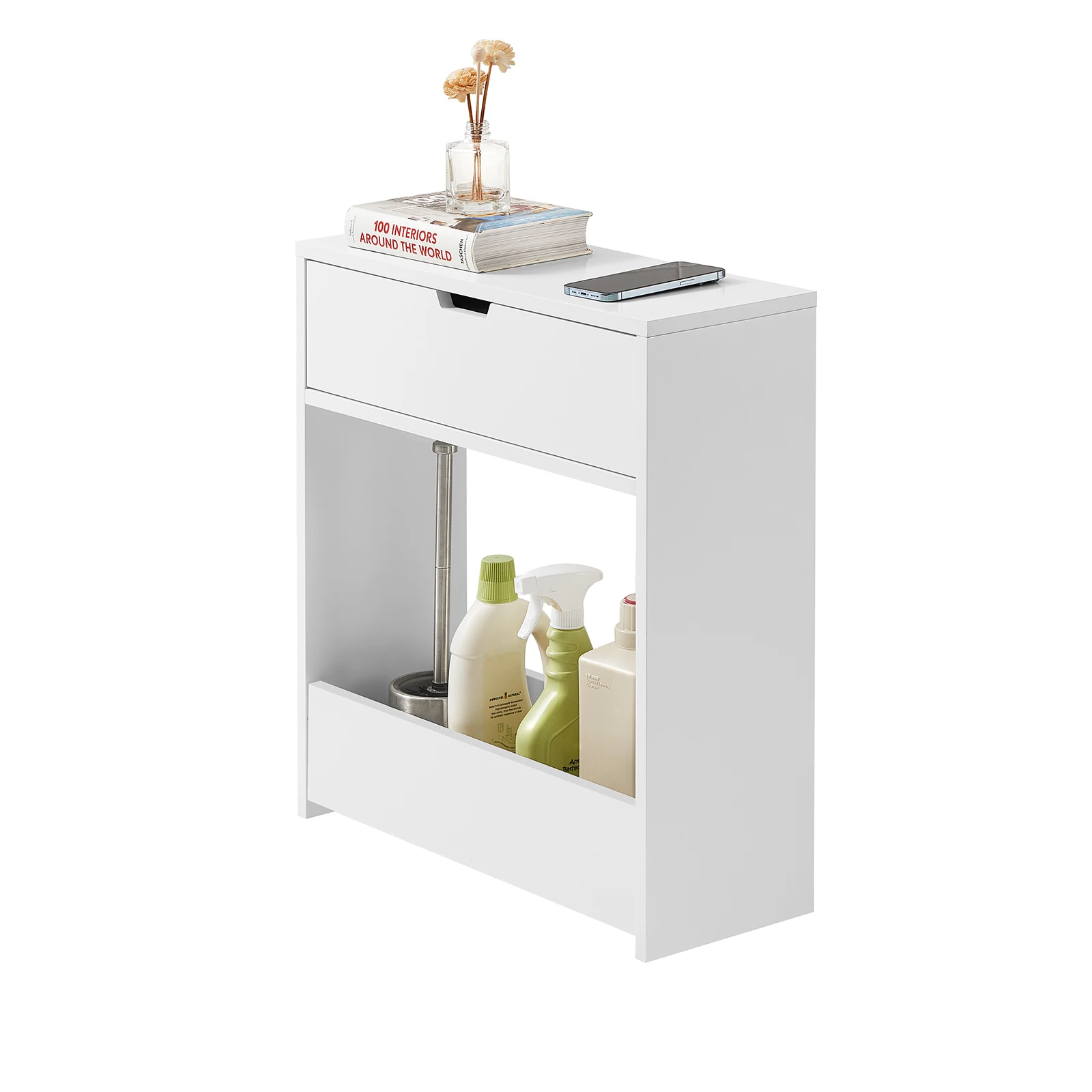 SoBuy BZR48-W estante de nicho armario de nicho estante estrecho armario de baño armario de baño con 1 estante abierto y 1 solapa Blanco