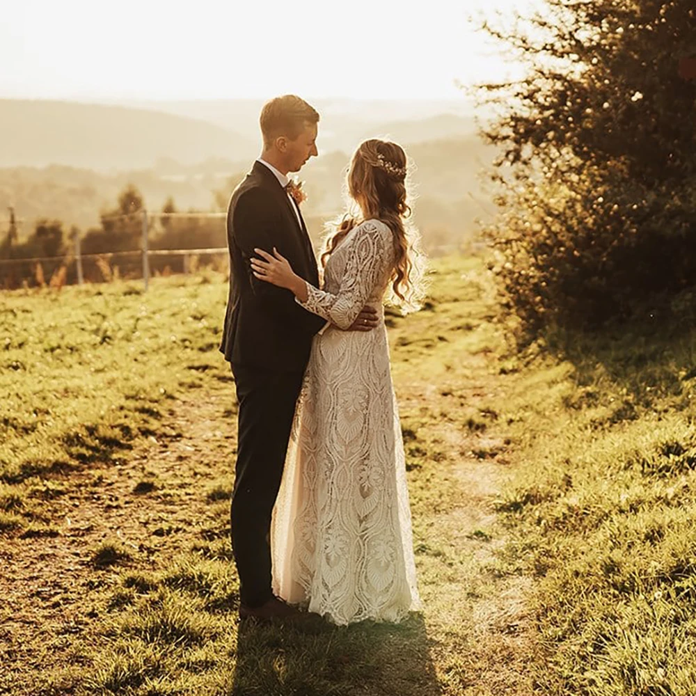 Barco bateau pescoço mangas compridas vestido de noiva uma linha recorte laço aberto para trás tamanho grande boêmio recorte laço boho rústico vestido de casamento