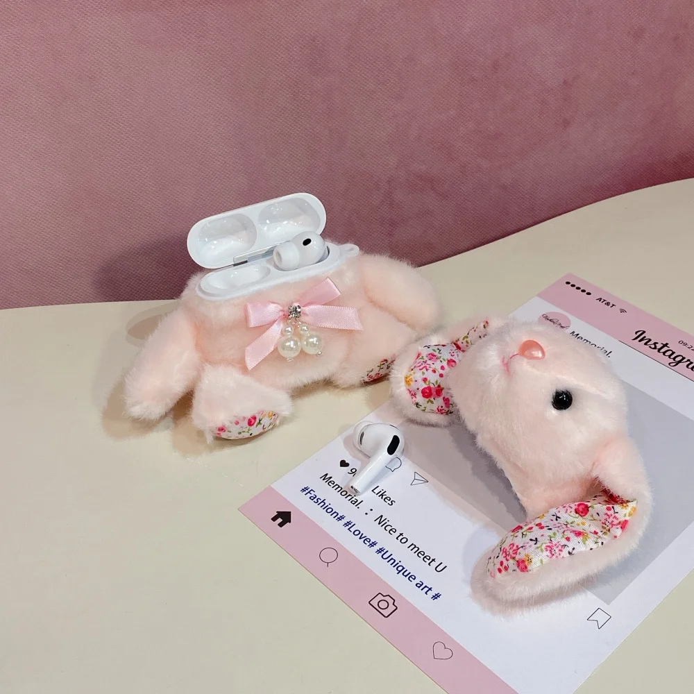 New Fashion Cute Pink Plush Big Ear Rabbit Headphone Case for Apple AirPods 2 3 4 Pro2 Pro3 Protective Case Sweet INS Girls Gift view 6