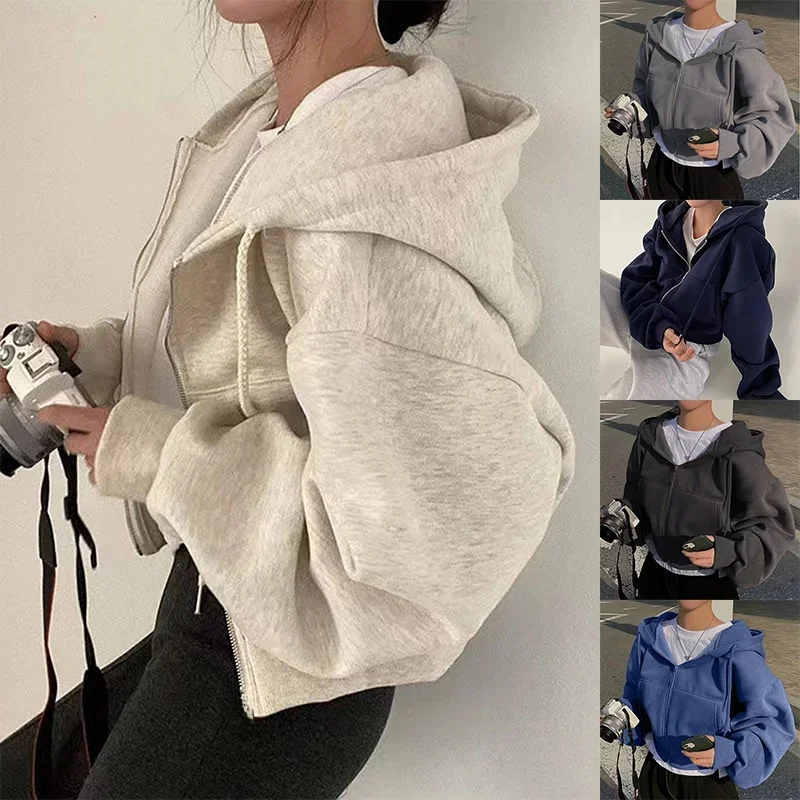 2024 Lente Herfst Nieuw Insfleece gevoerd Veelzijdig Cropped Slims Glad Silhouet Zip-up Warm Marineblauw Sweatshirt Met Capuchon Dames - afbeelding 2