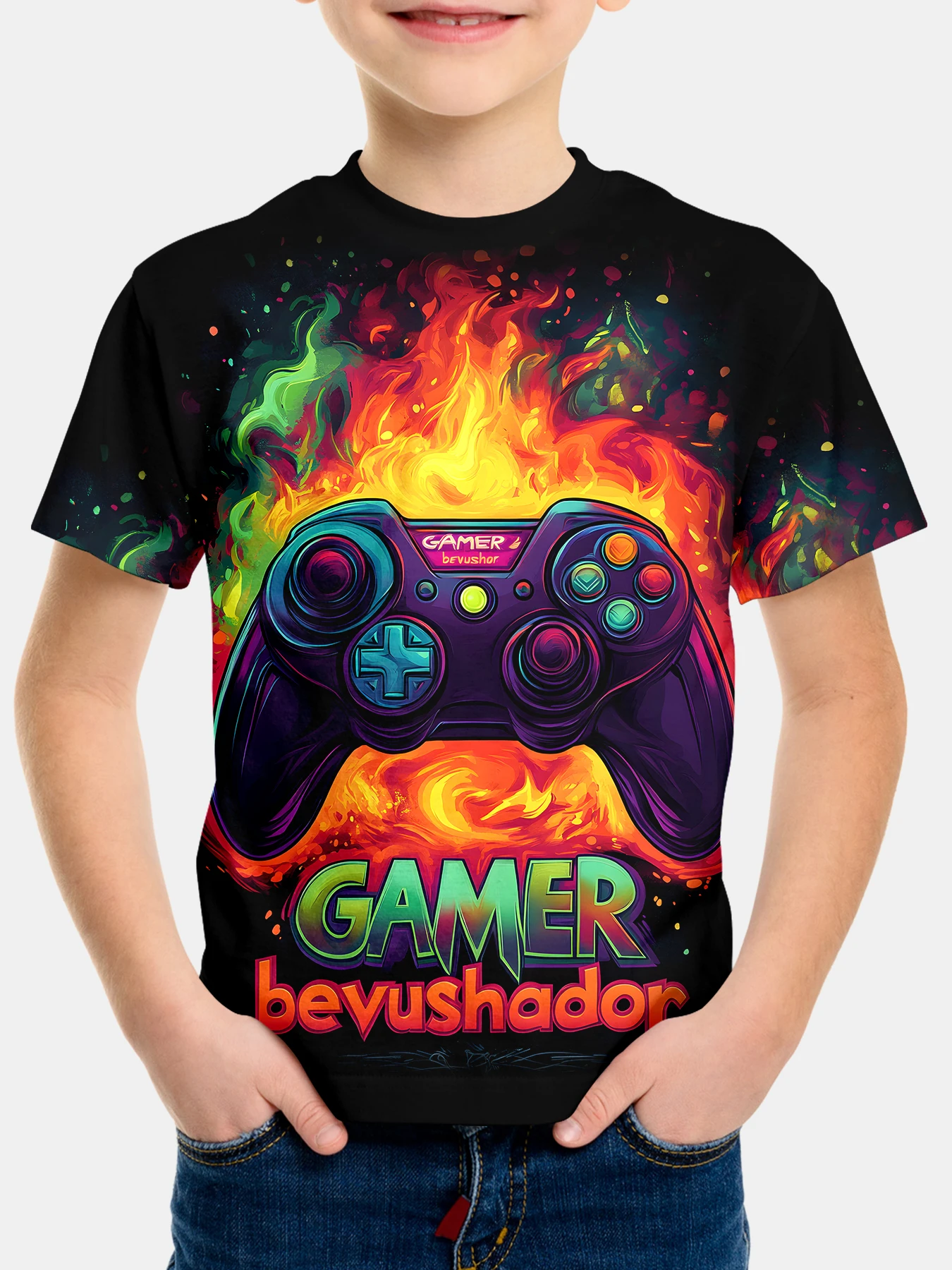 

Kids Clothes Colorful Gamepad Allover Print Boys Short Sleeve T-Shirt Casual Outdoor Activities Perfect Gift for Boys 2-10Y Tops